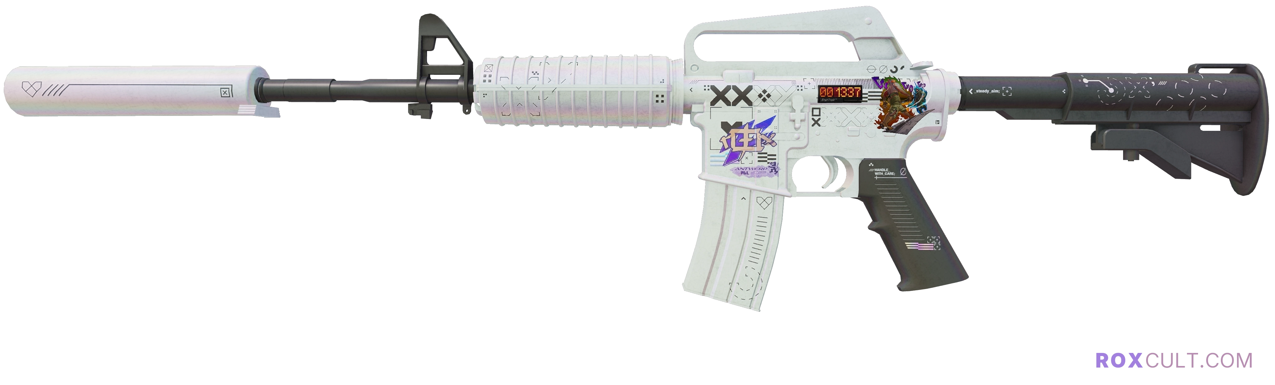 StatTrak™ M4A1-S | Printstream (Field-Tested) — rox (Holo) Antwerp 2022 craft, playside view with 1 rox (Holo) sticker