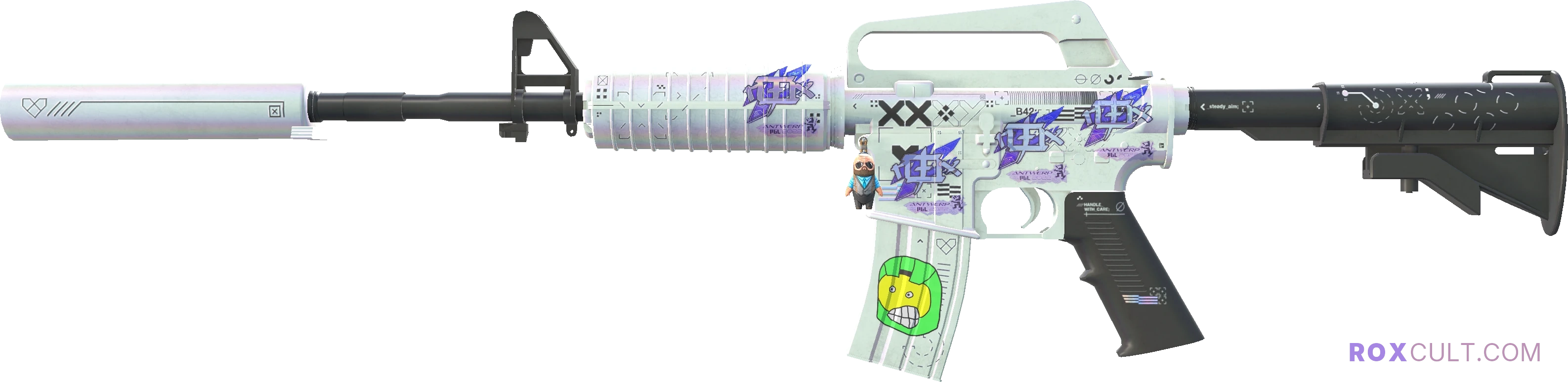M4A1-S | Printstream (Factory New) — rox (Holo) Antwerp 2022 craft, playside view with 4 rox (Holo) stickers