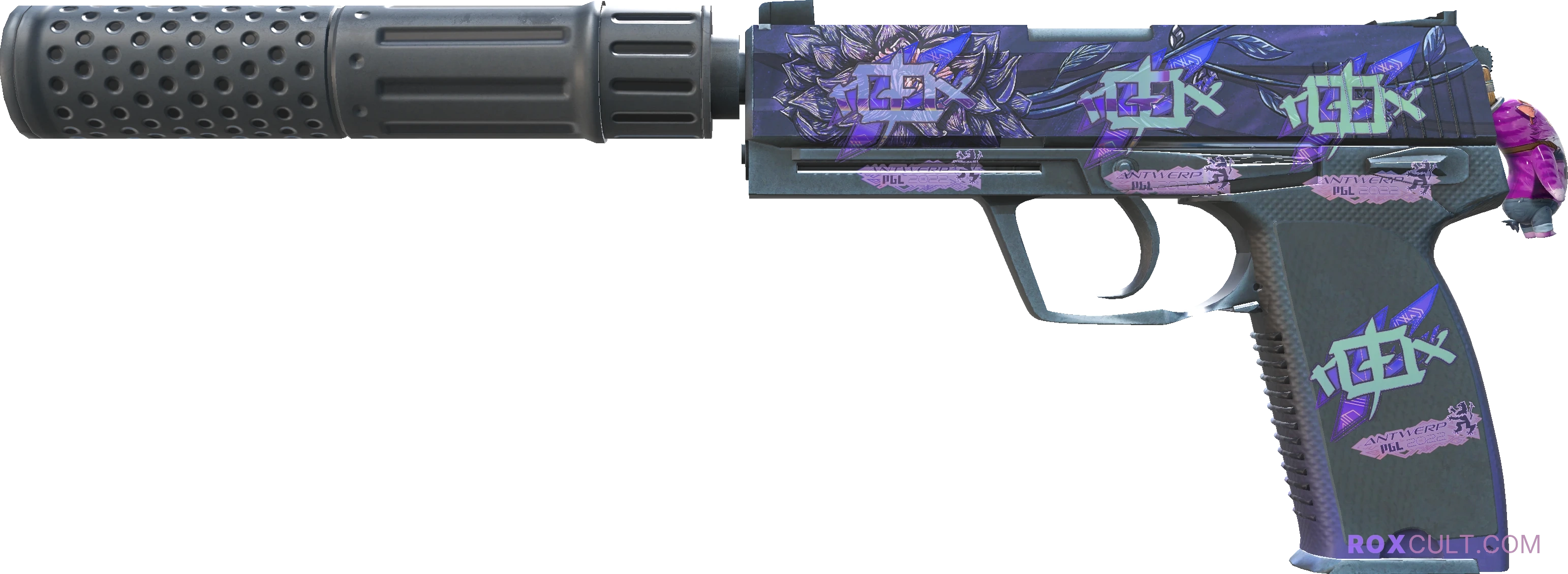 USP-S | Black Lotus (Factory New) — rox (Holo) Antwerp 2022 craft, playside view with 4 rox (Holo) stickers