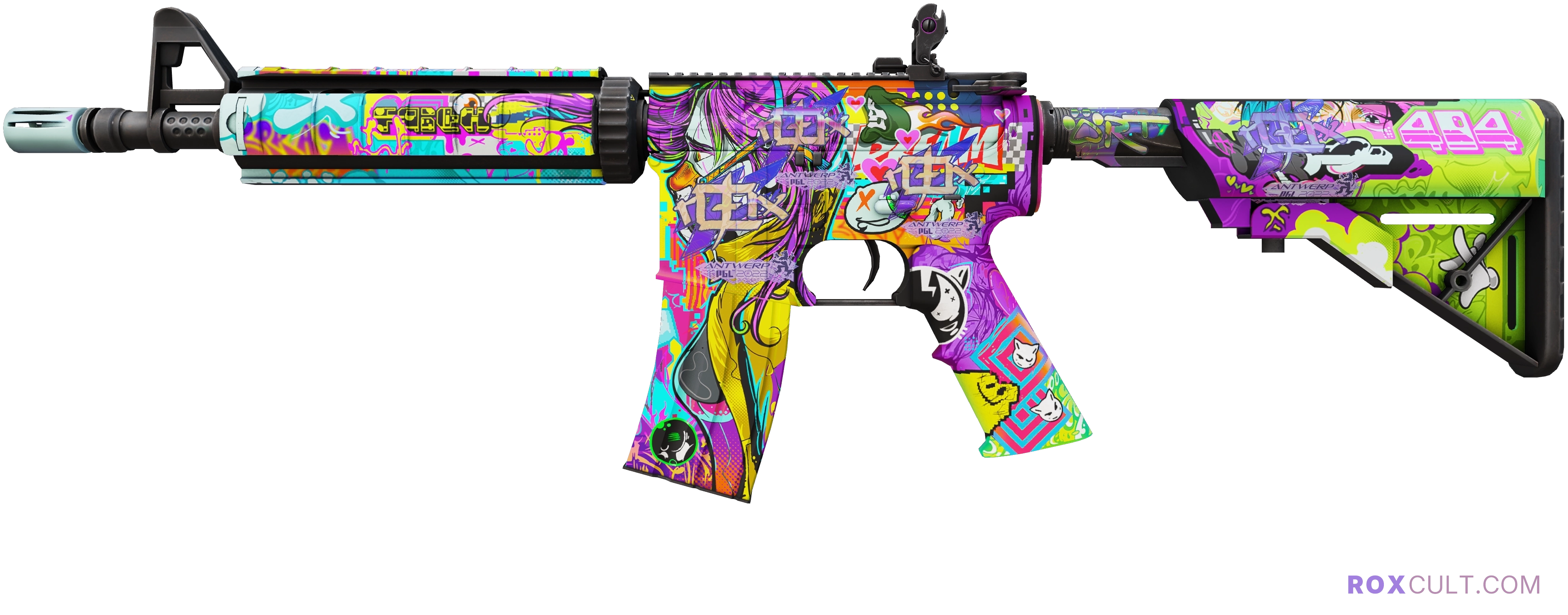 M4A4 | In Living Color (Factory New) — rox (Holo) Antwerp 2022 craft, playside view with 4 rox (Holo) stickers
