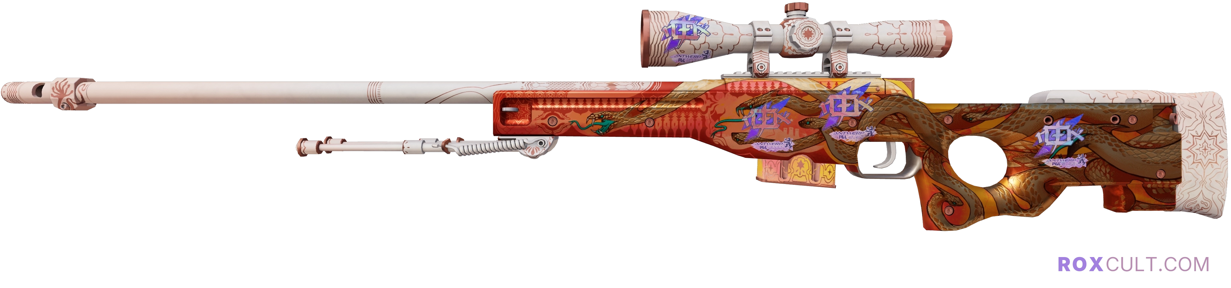 AWP | Desert Hydra (Factory New) — rox (Holo) Antwerp 2022 craft, playside view with 4 rox (Holo) stickers