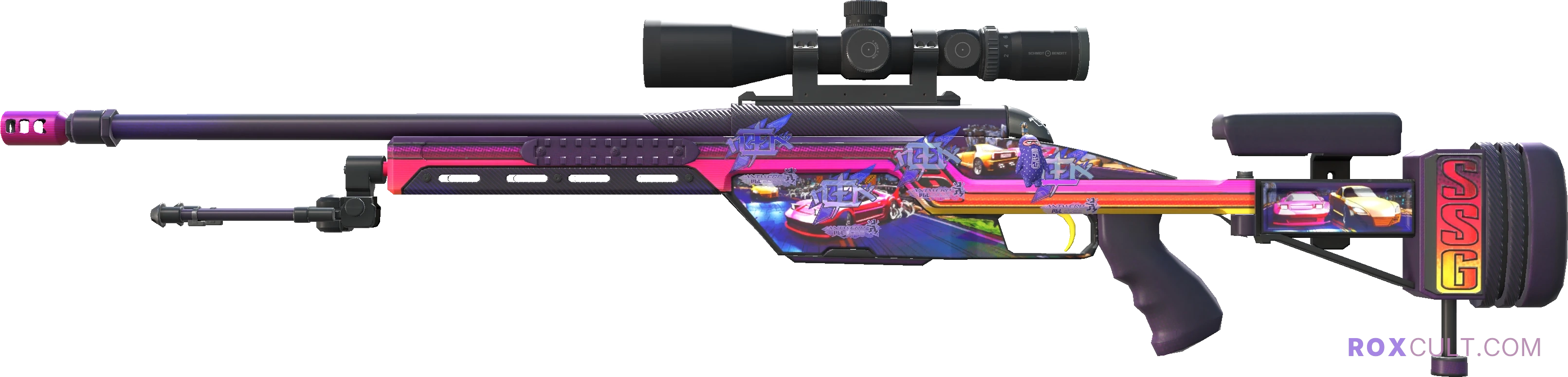 SSG 08 | Turbo Peek (Factory New) — rox (Holo) Antwerp 2022 craft, playside view with 4 rox (Holo) stickers