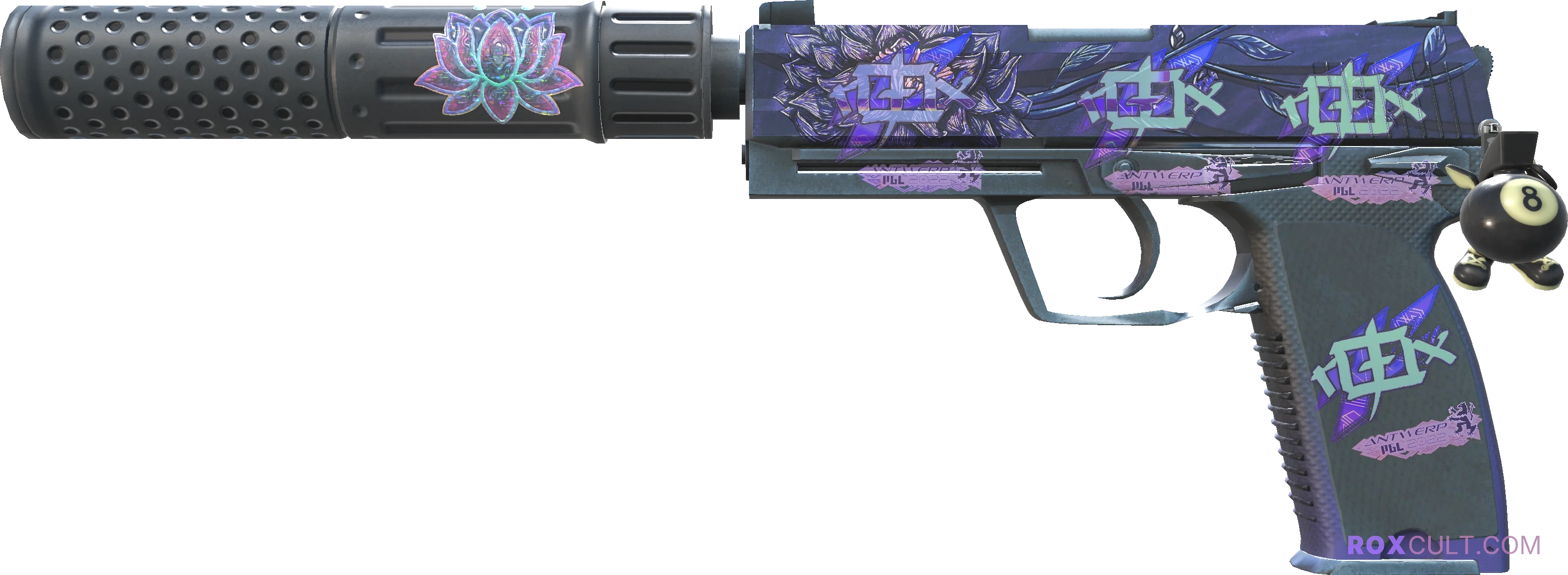 USP-S | Black Lotus (Factory New) — rox (Holo) Antwerp 2022 craft, playside view with 4 rox (Holo) stickers