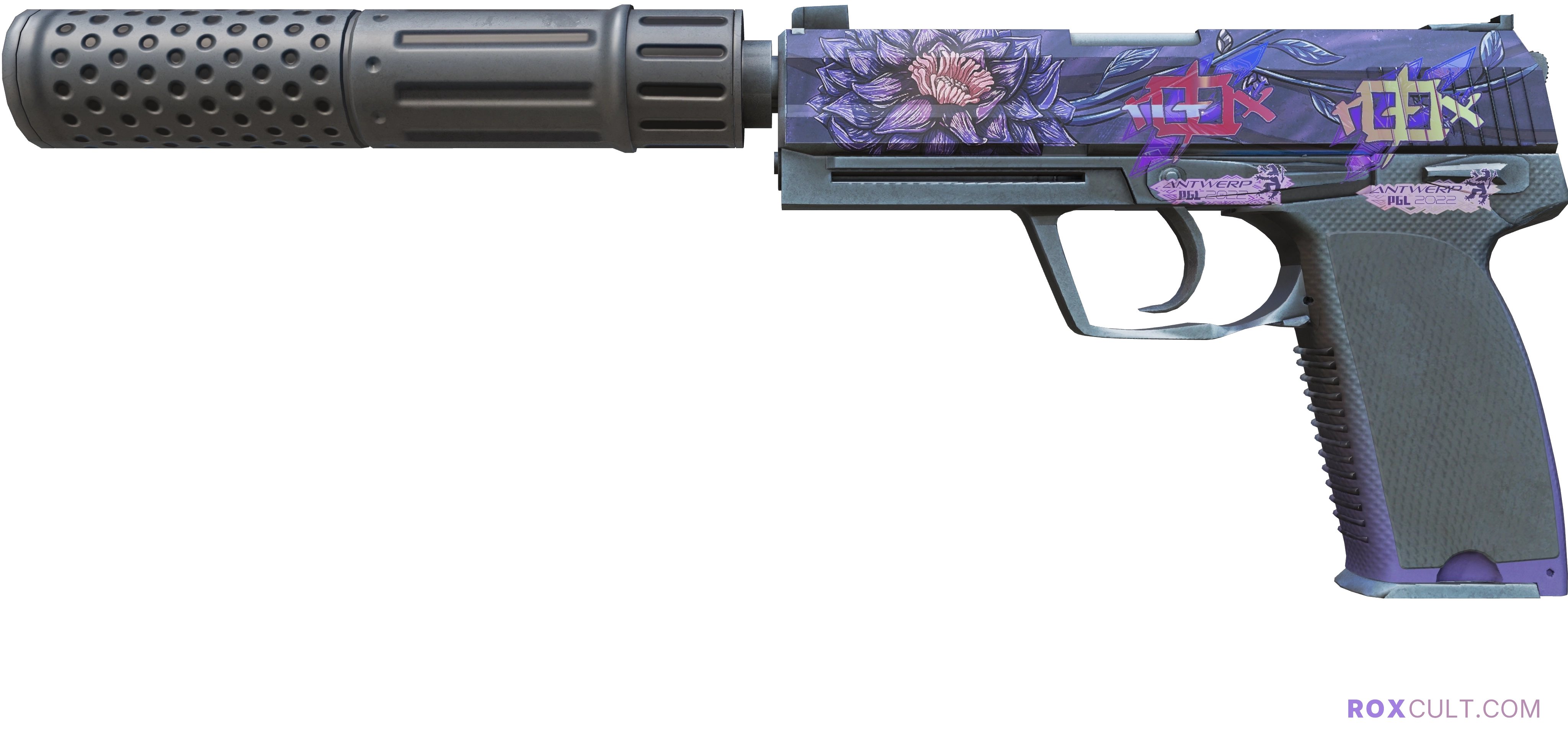 USP-S | Black Lotus (Factory New) — rox (Holo) Antwerp 2022 craft, playside view with 2 rox (Holo) stickers