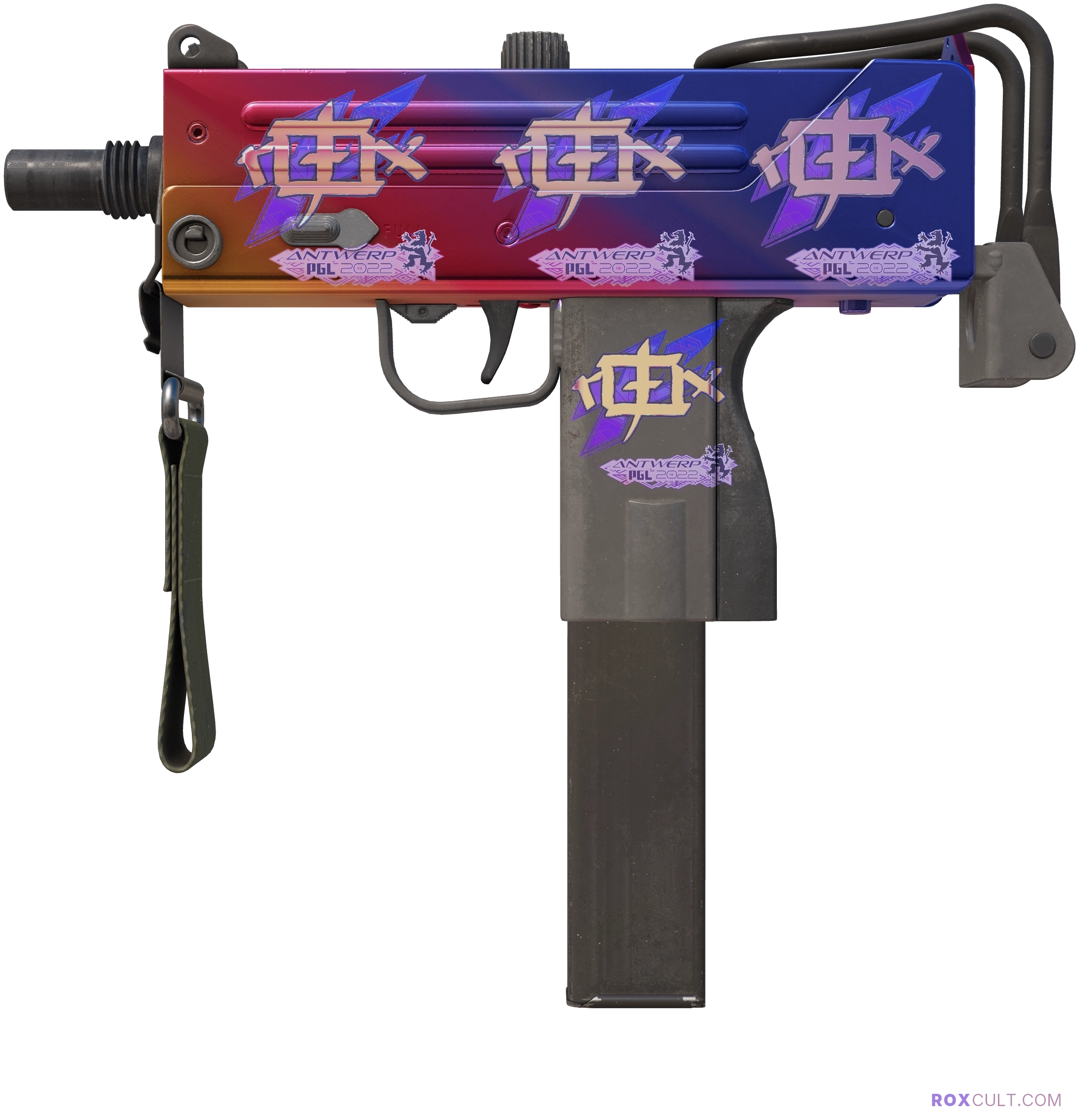 MAC-10 | Fade (Factory New) — rox (Holo) Antwerp 2022 craft, playside view with 4 rox (Holo) stickers