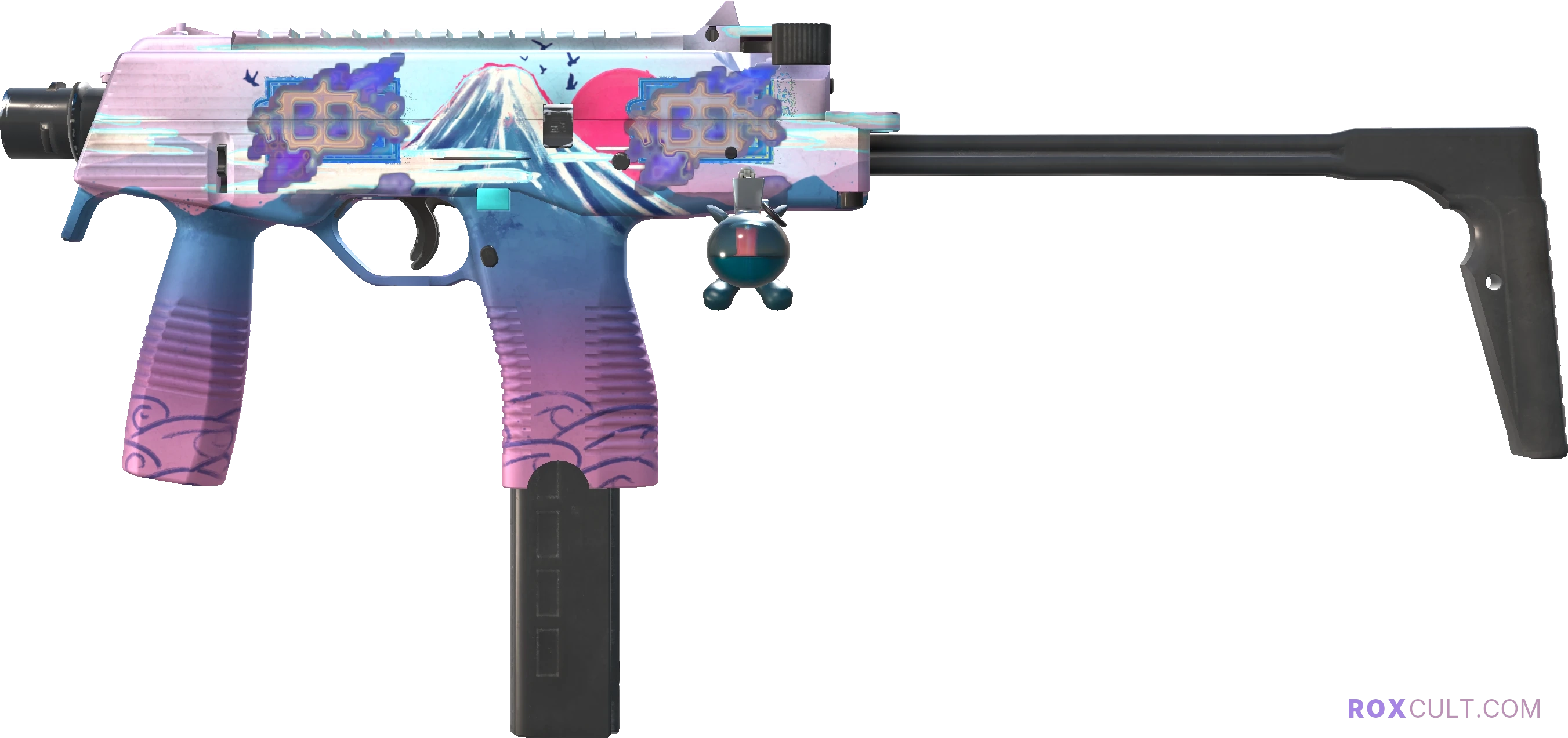 MP9 | Mount Fuji (Factory New) — rox (Holo) Antwerp 2022 craft, playside view with 2 rox (Holo) stickers