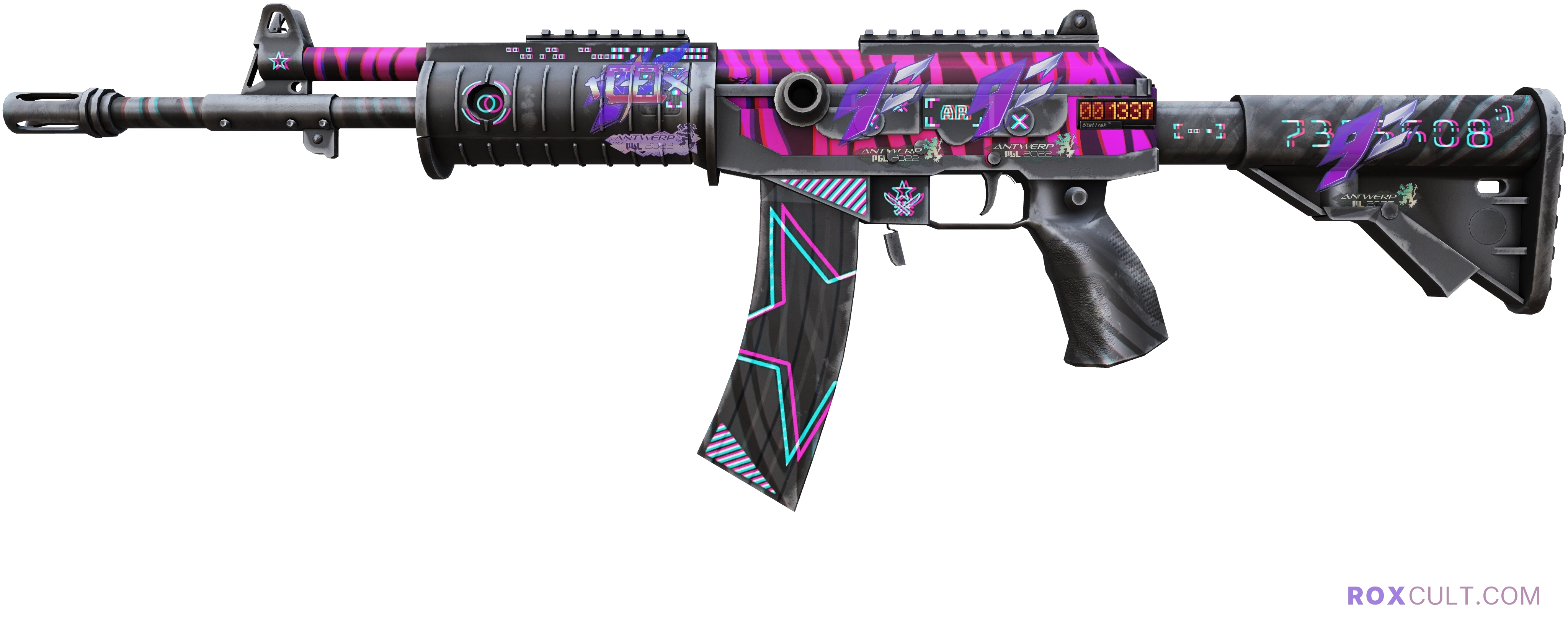 StatTrak™ Galil AR | Chromatic Aberration (Factory New) — rox (Holo) Antwerp 2022 craft, playside view with 1 rox (Holo) sticker