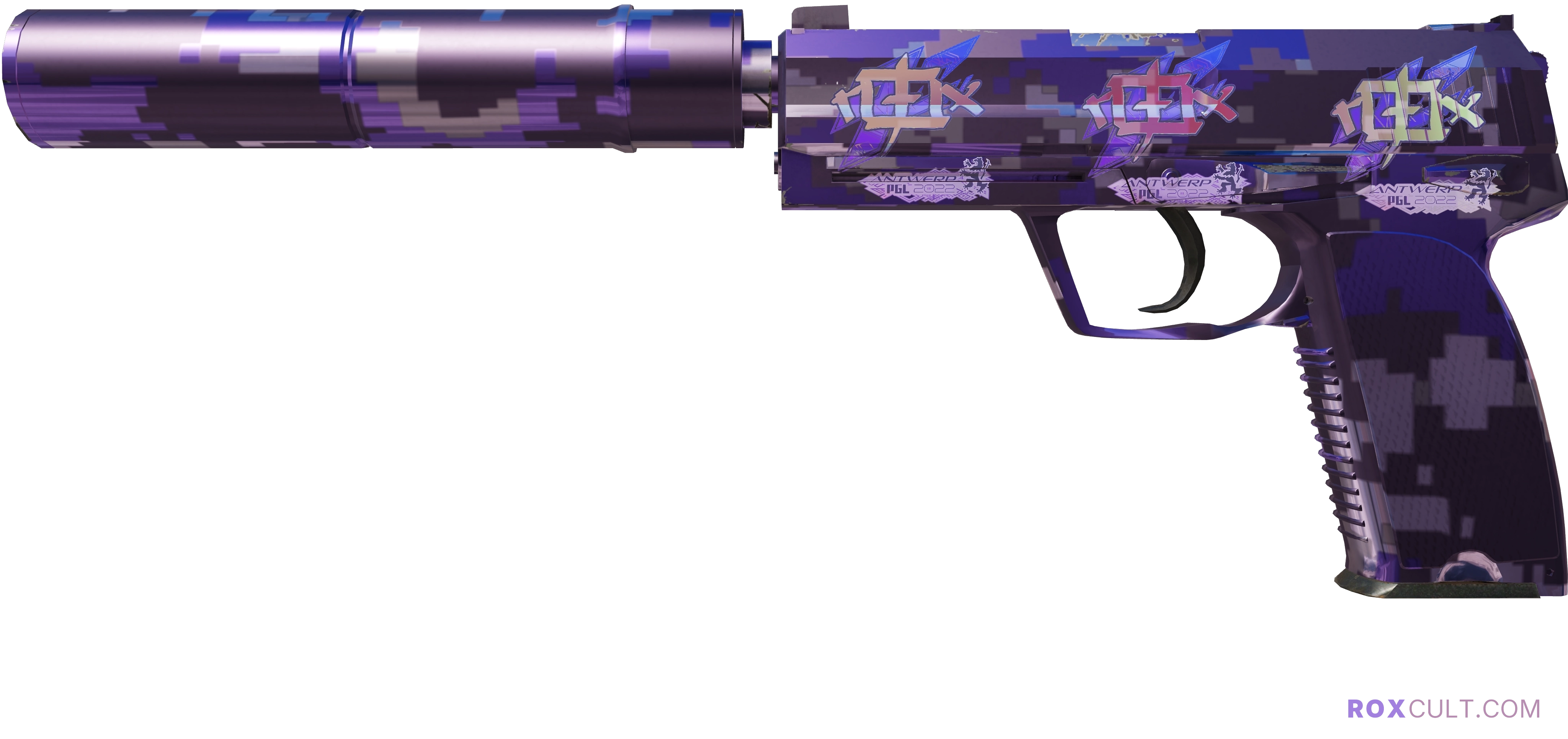 USP-S | Purple DDPAT (Factory New) — rox (Holo) Antwerp 2022 craft, playside view with 3 rox (Holo) stickers