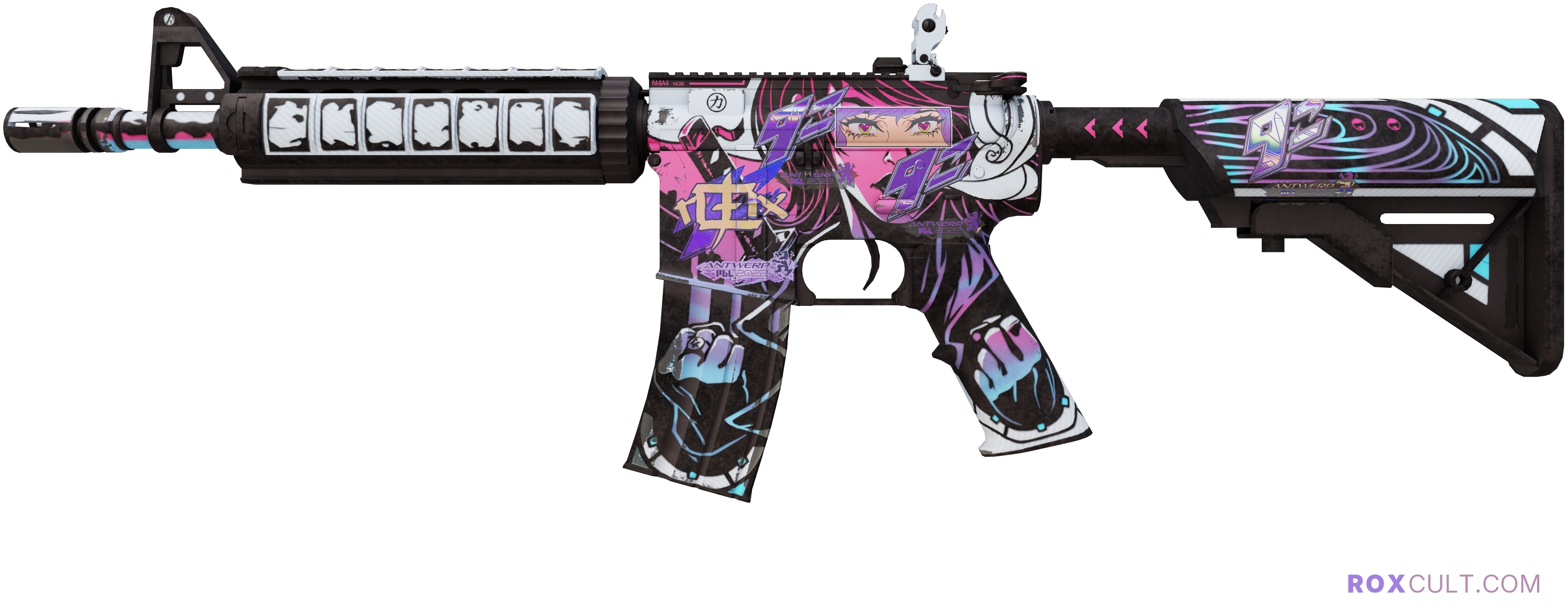 M4A4 | Neo-Noir (Minimal Wear) — rox (Holo) Antwerp 2022 craft, playside view with 1 rox (Holo) sticker