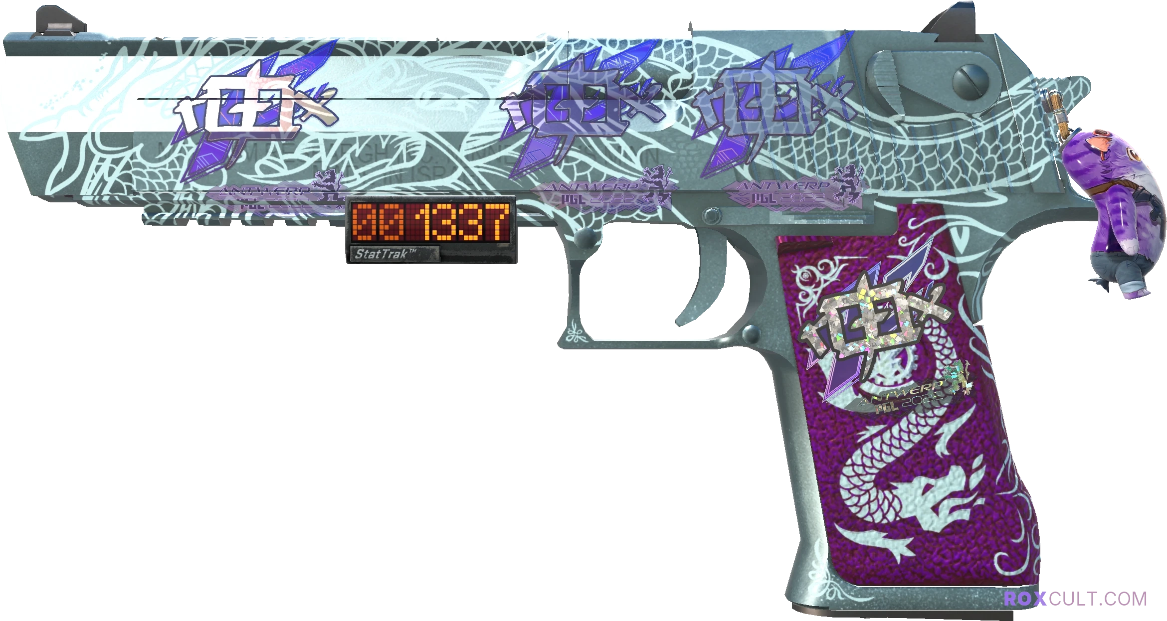 StatTrak™ Desert Eagle | Kumicho Dragon (Factory New) — rox (Holo) Antwerp 2022 craft, playside view with 3 rox (Holo) stickers