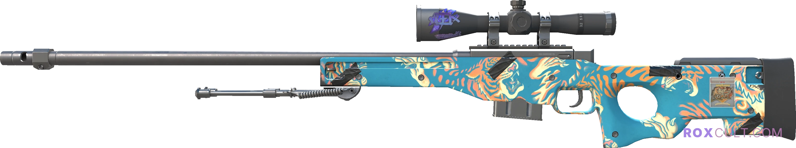 AWP | Silk Tiger (Factory New) — rox (Holo) Antwerp 2022 craft, playside view with 1 rox (Holo) sticker