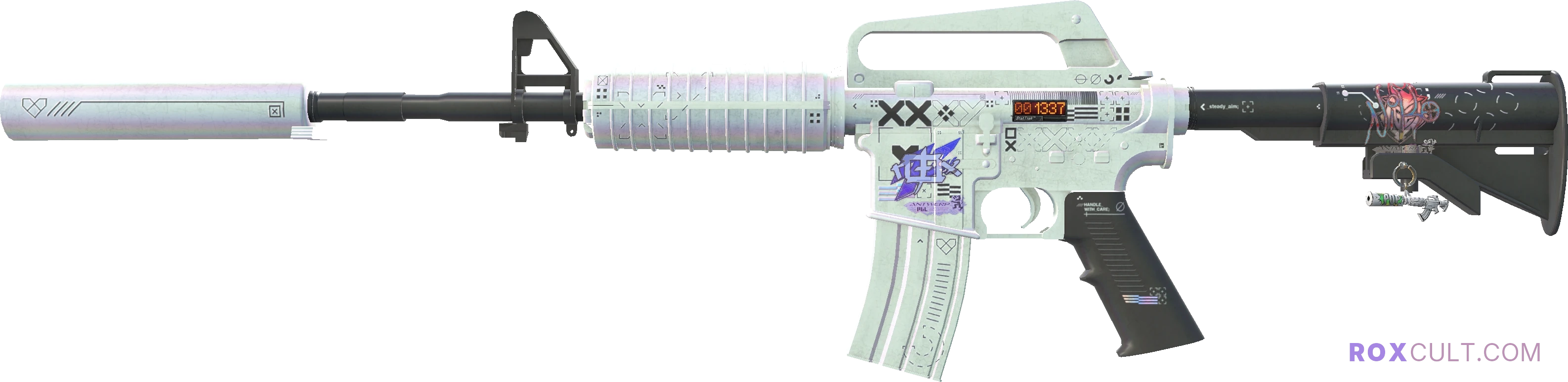 StatTrak™ M4A1-S | Printstream (Field-Tested) — rox (Holo) Antwerp 2022 craft, playside view with 1 rox (Holo) sticker