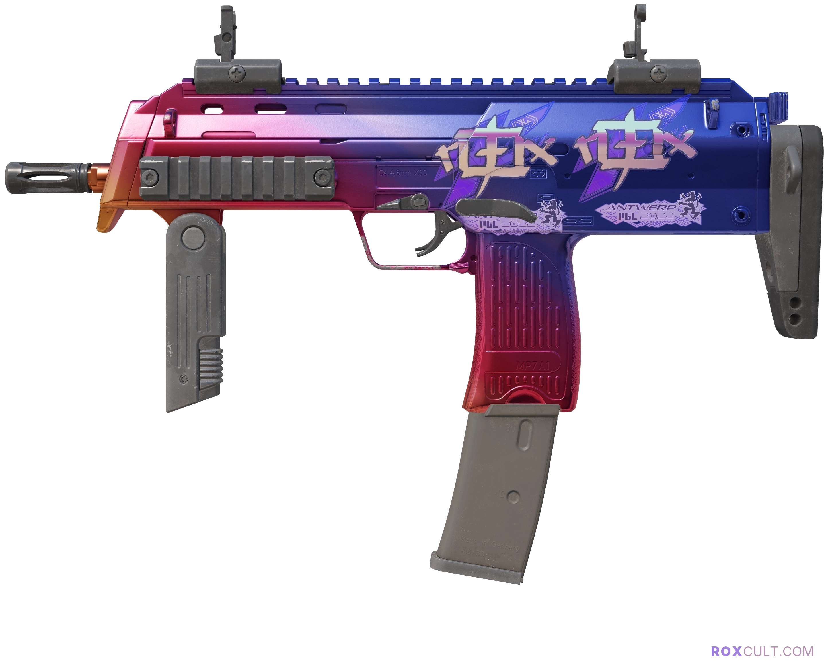 MP7 | Fade (Factory New) — rox (Holo) Antwerp 2022 craft, playside view with 2 rox (Holo) stickers