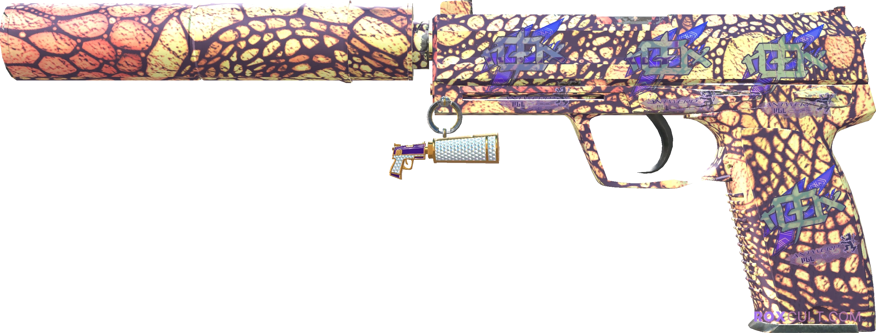 USP-S | Orange Anolis (Factory New) — rox (Holo) Antwerp 2022 craft, playside view with 4 rox (Holo) stickers