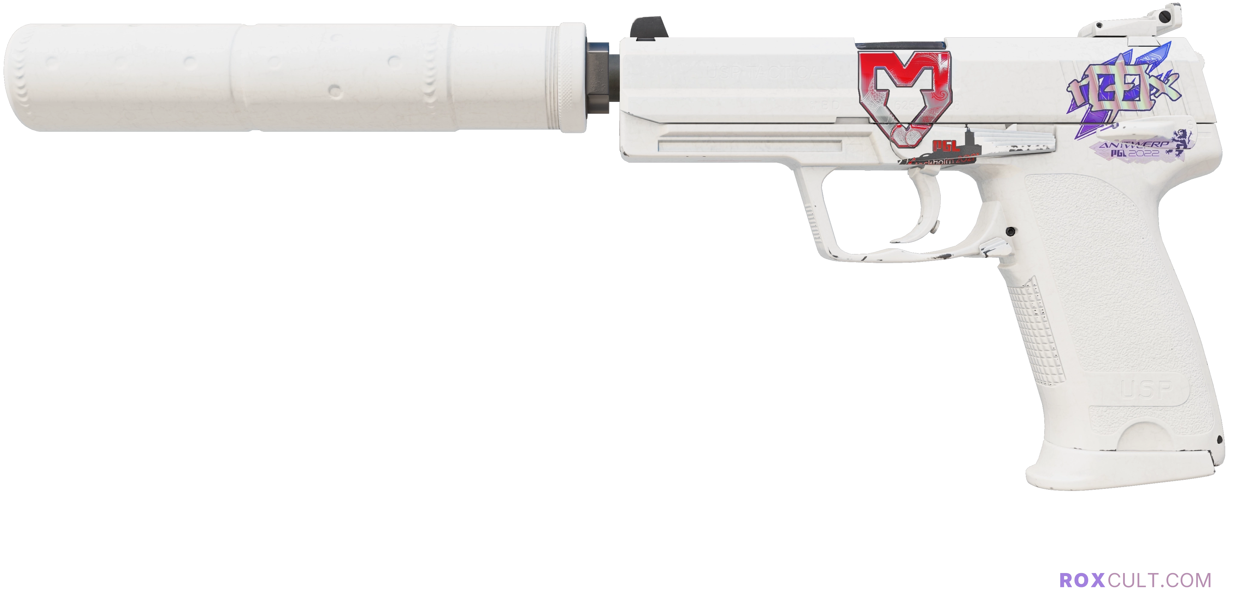 USP-S | Whiteout (Factory New) — rox (Holo) Antwerp 2022 craft, playside view with 1 rox (Holo) sticker