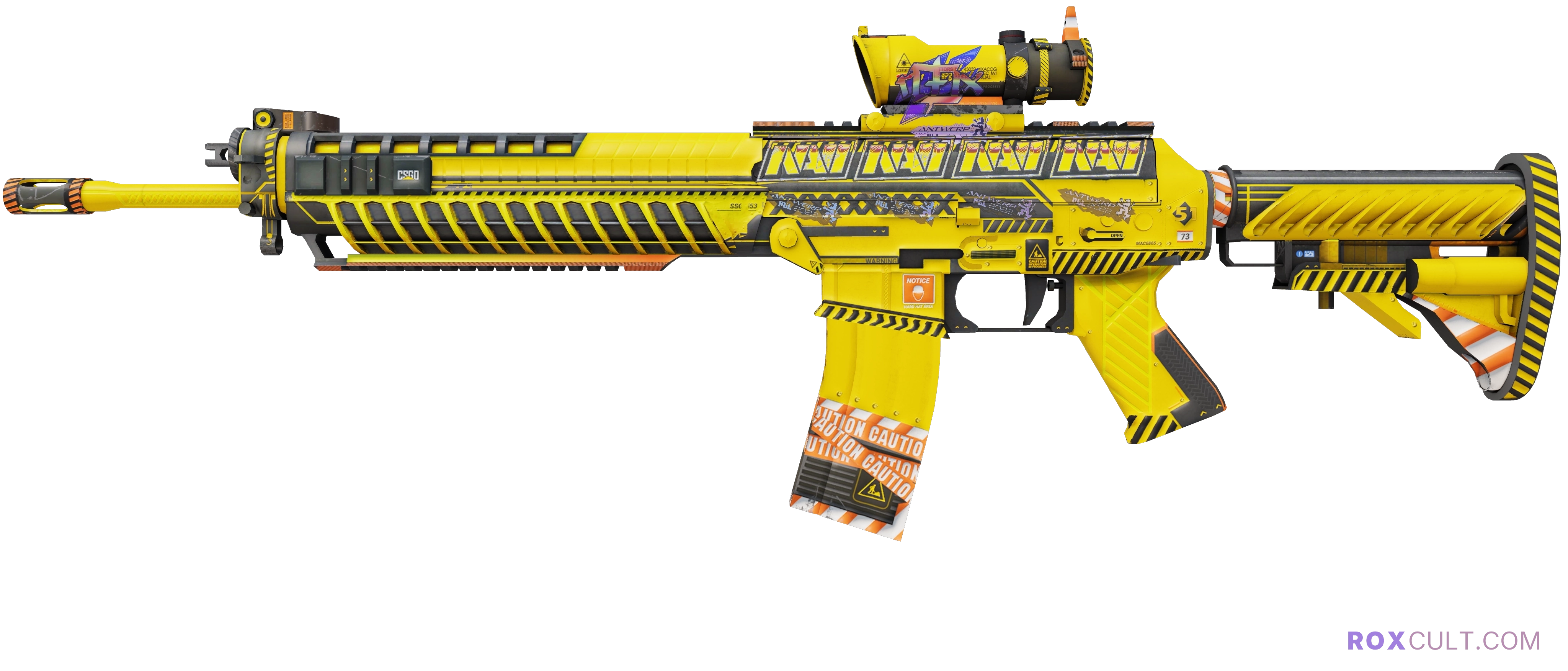 SG 553 | Hazard Pay (Factory New) — rox (Holo) Antwerp 2022 craft, playside view with 1 rox (Holo) sticker