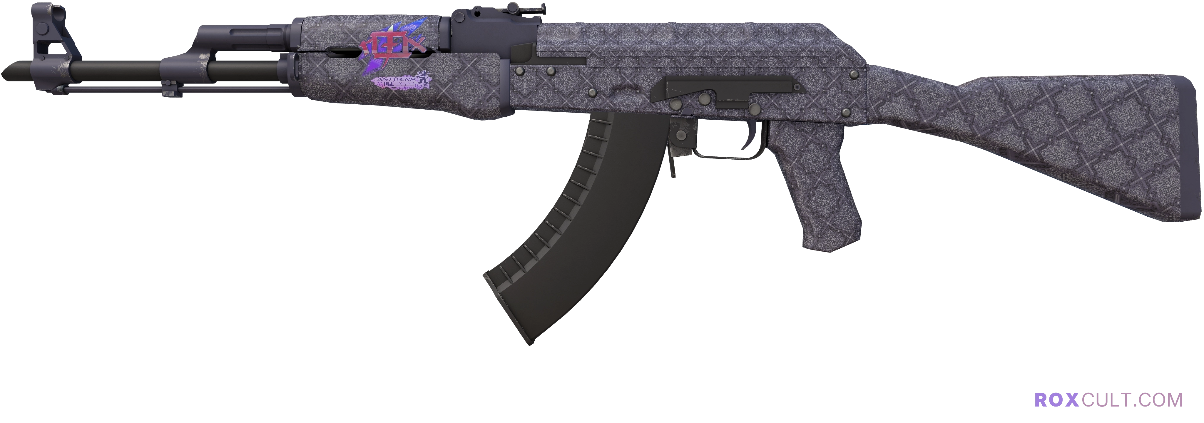 AK-47 | Baroque Purple (Factory New) — rox (Holo) Antwerp 2022 craft, playside view with 1 rox (Holo) sticker