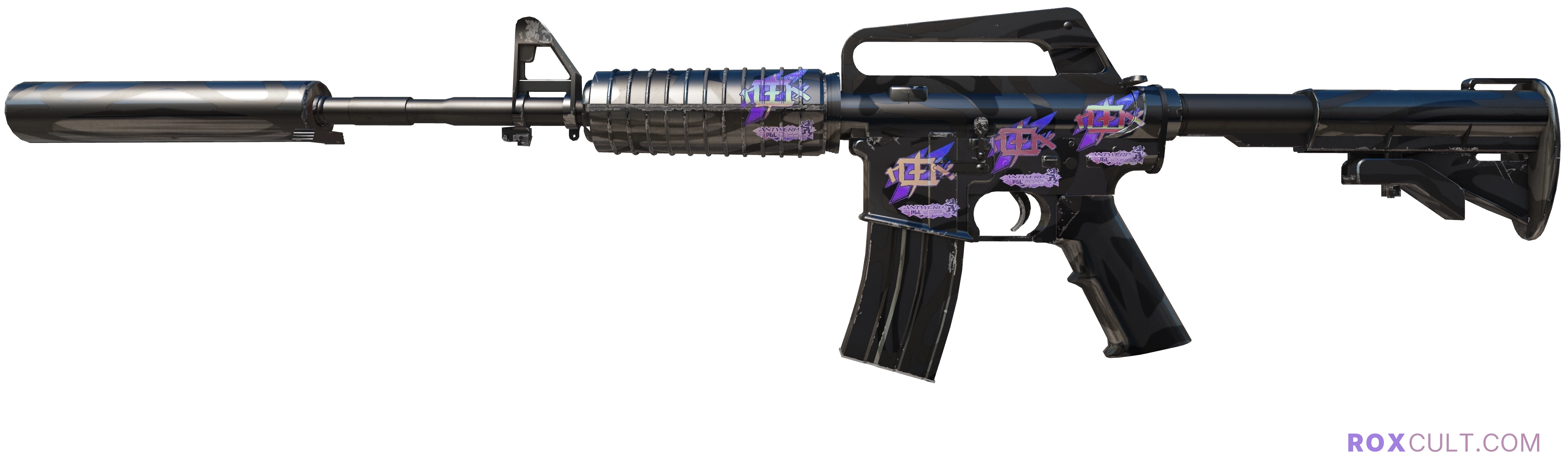 M4A1-S | Dark Water (Minimal Wear) — rox (Holo) Antwerp 2022 craft, playside view with 4 rox (Holo) stickers