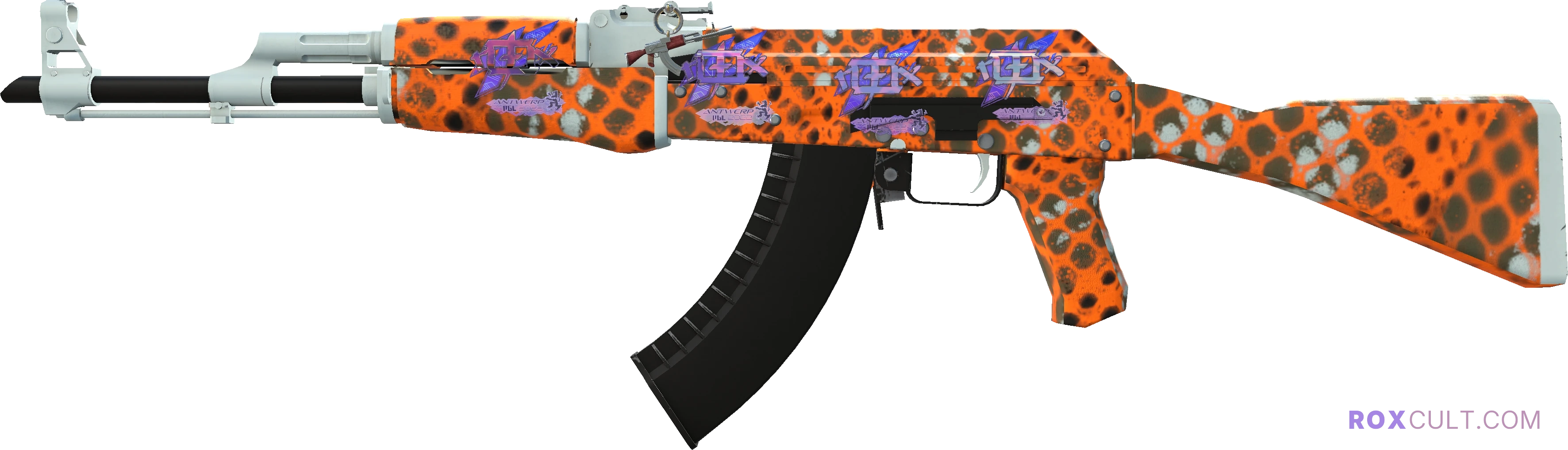 Souvenir AK-47 | Safety Net (Factory New) — rox (Holo) Antwerp 2022 craft, playside view with 4 rox (Holo) stickers