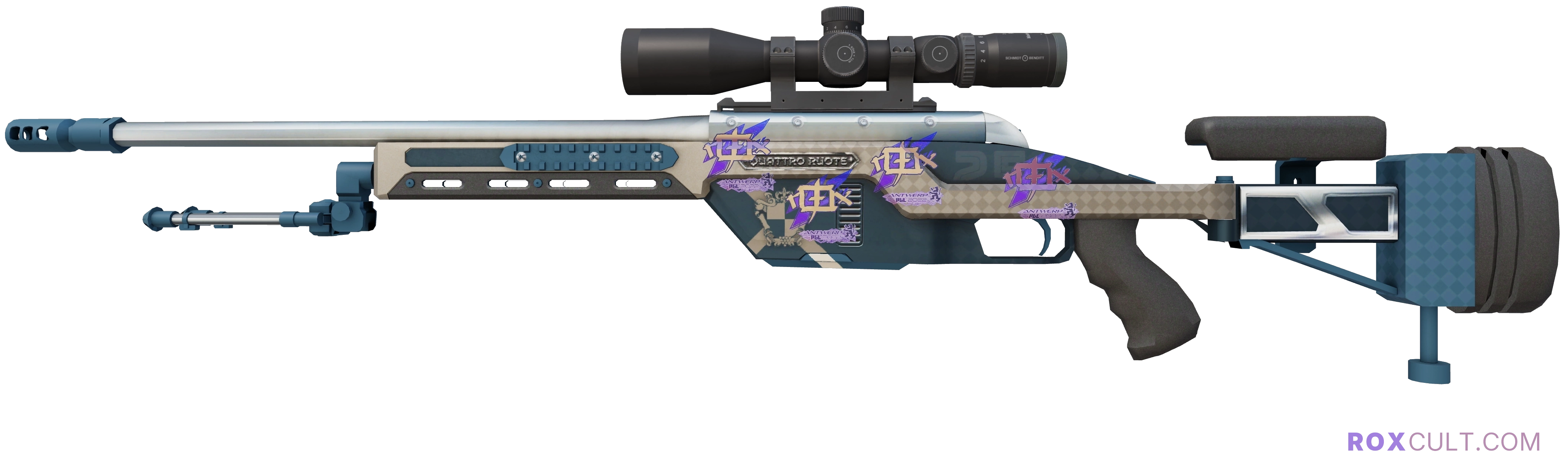 Souvenir SSG 08 | Hand Brake (Factory New) — rox (Holo) Antwerp 2022 craft, playside view with 4 rox (Holo) stickers