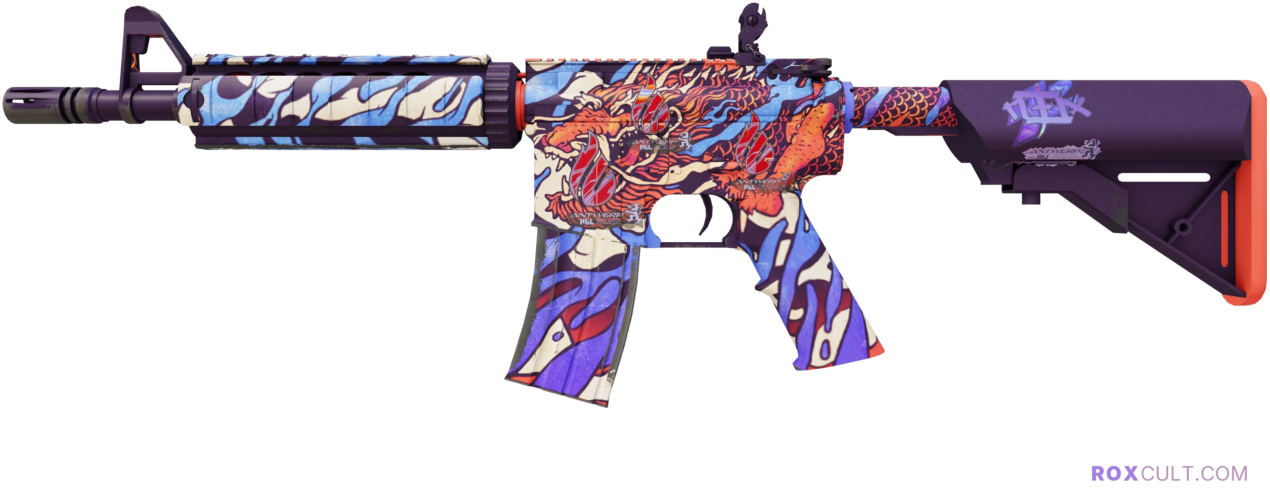 M4A4 | 龍王 (Dragon King) (Factory New) — rox (Holo) Antwerp 2022 craft, playside view with 1 rox (Holo) sticker