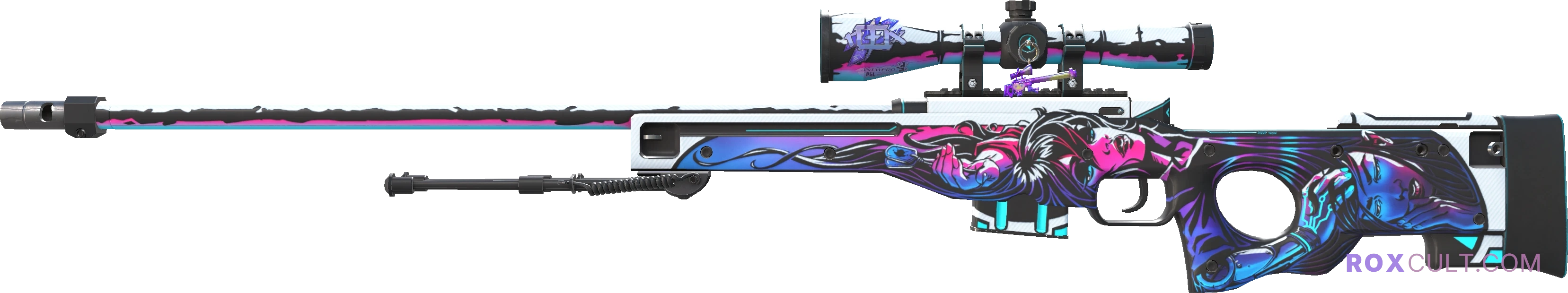AWP | Neo-Noir (Factory New) — rox (Holo) Antwerp 2022 craft, playside view with 1 rox (Holo) sticker