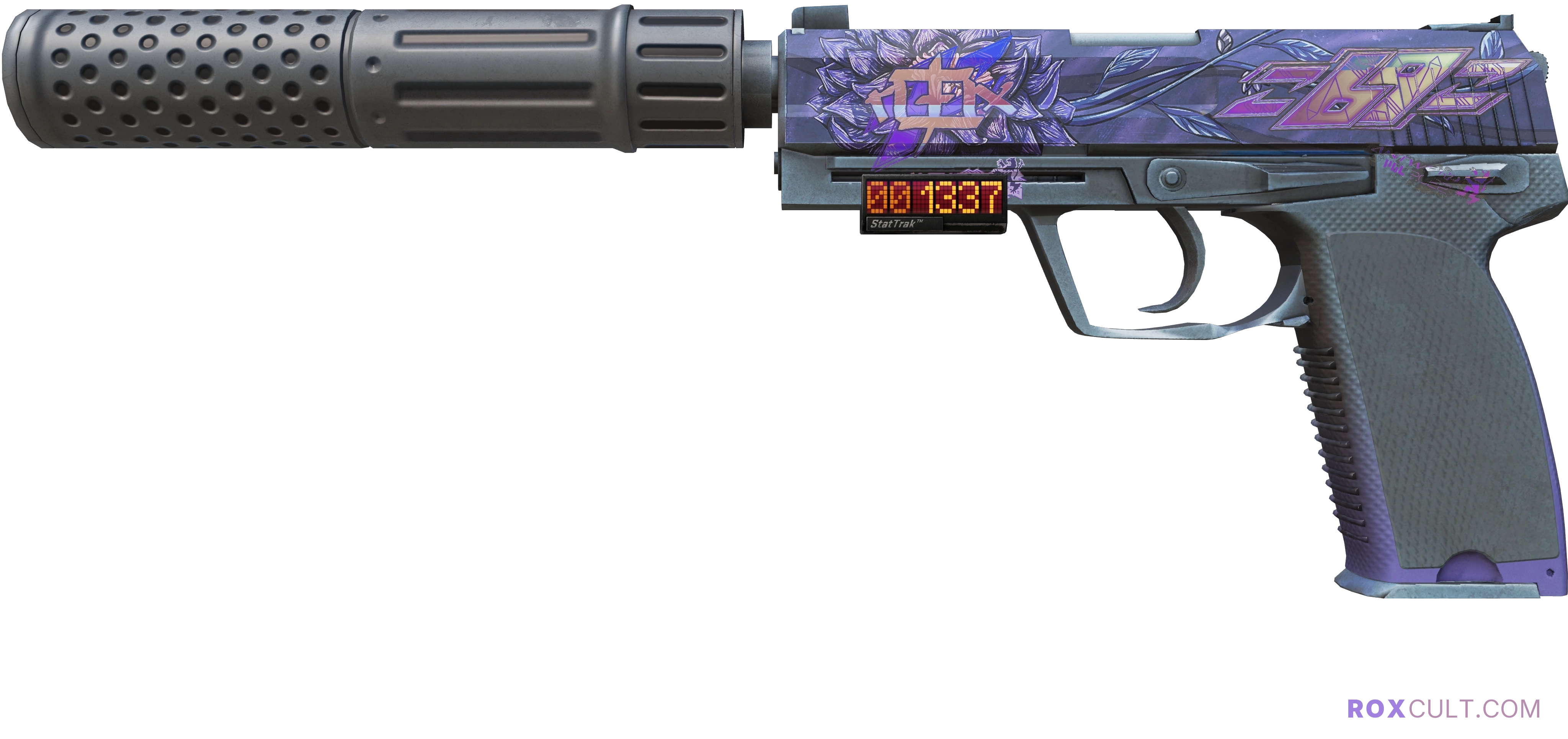 StatTrak™ USP-S | Black Lotus (Factory New) — rox (Holo) Antwerp 2022 craft, playside view with 1 rox (Holo) sticker