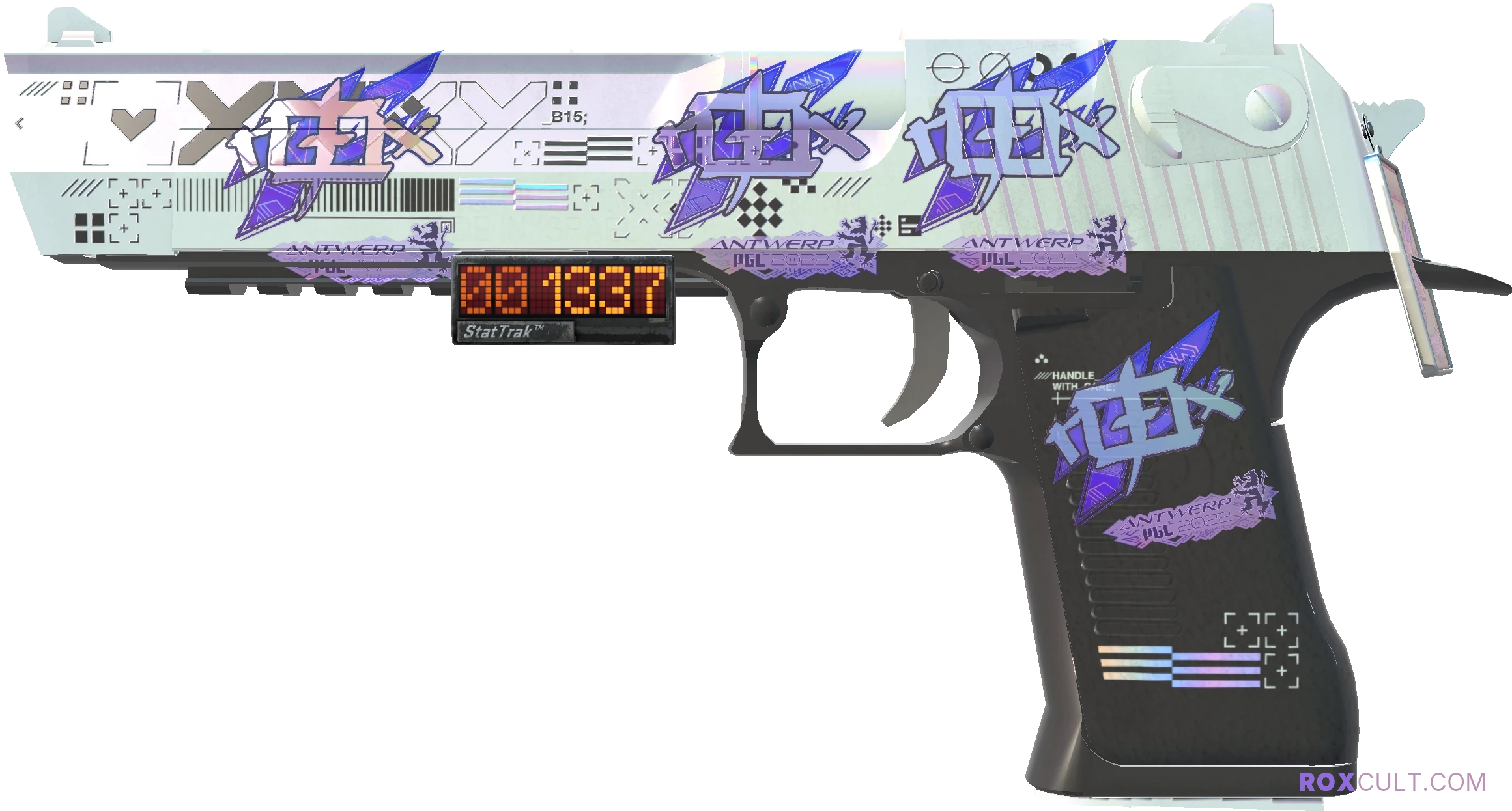 StatTrak™ Desert Eagle | Printstream (Factory New) — rox (Holo) Antwerp 2022 craft, playside view with 4 rox (Holo) stickers
