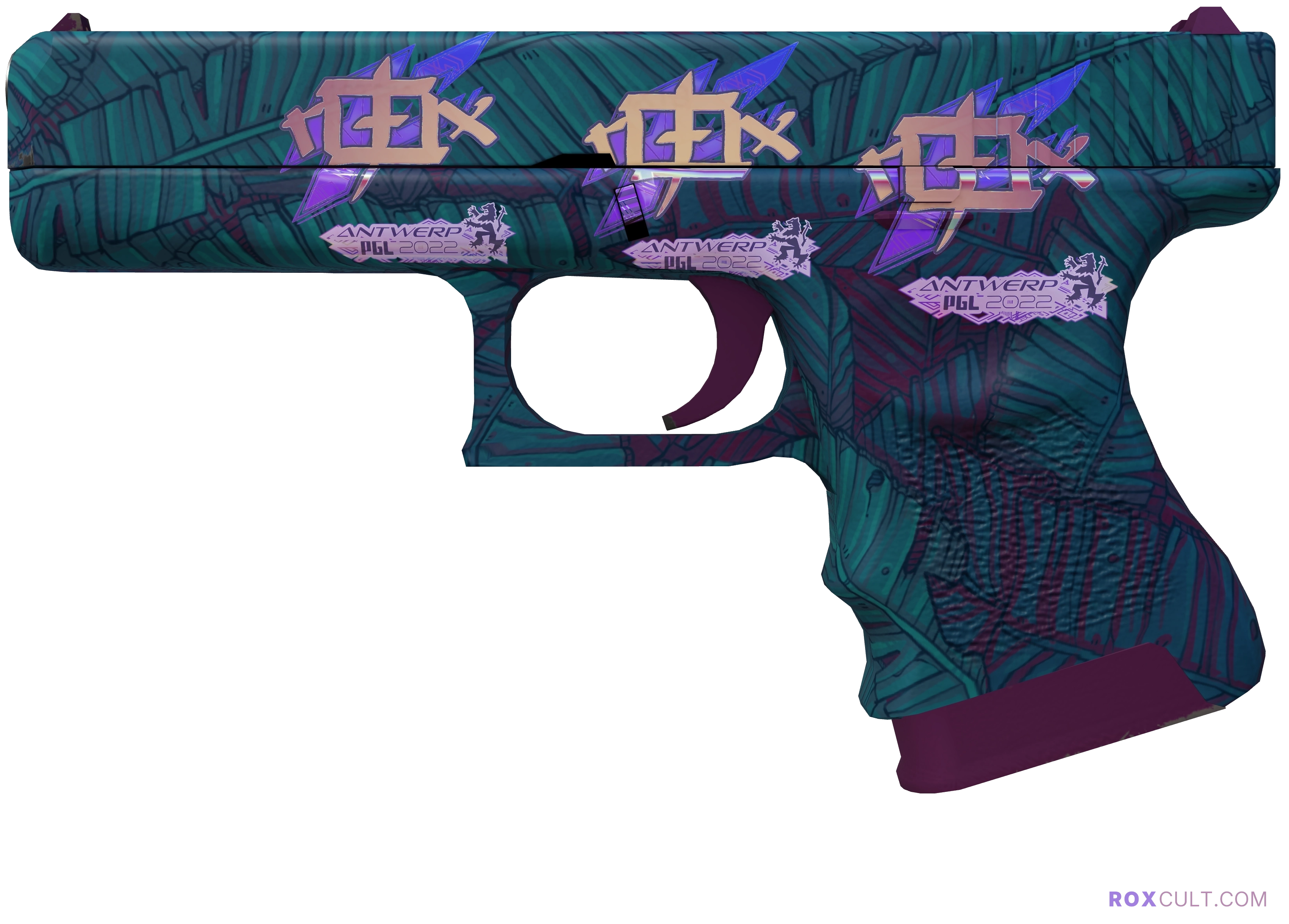 Glock-18 | Synth Leaf (Factory New) — rox (Holo) Antwerp 2022 craft, playside view with 3 rox (Holo) stickers