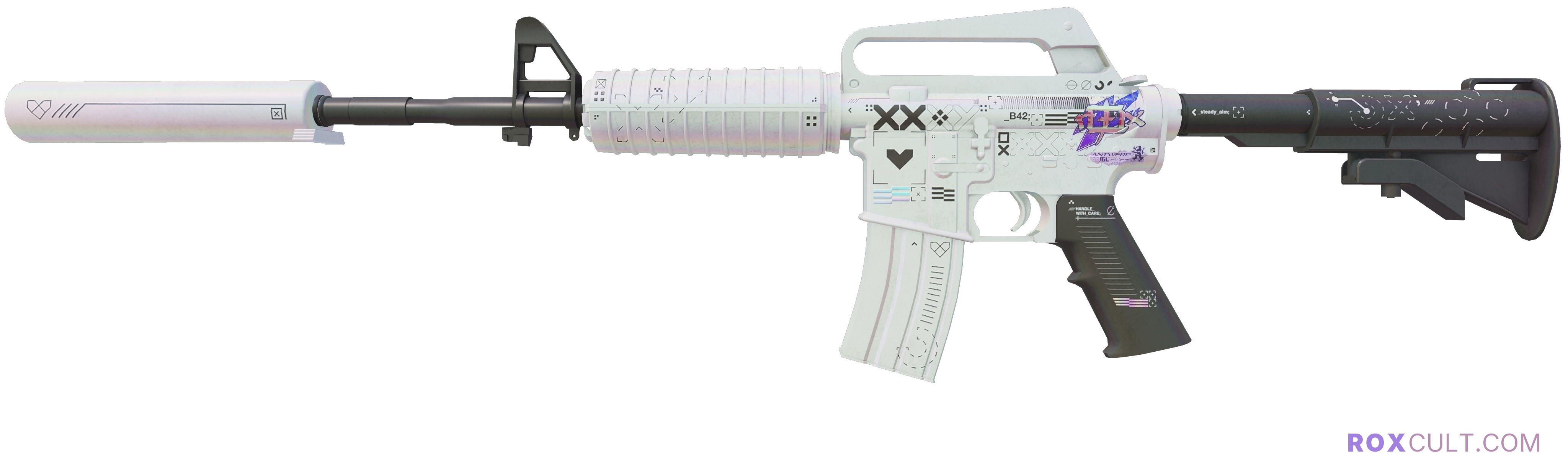 M4A1-S | Printstream (Minimal Wear) — rox (Holo) Antwerp 2022 craft, playside view with 1 rox (Holo) sticker