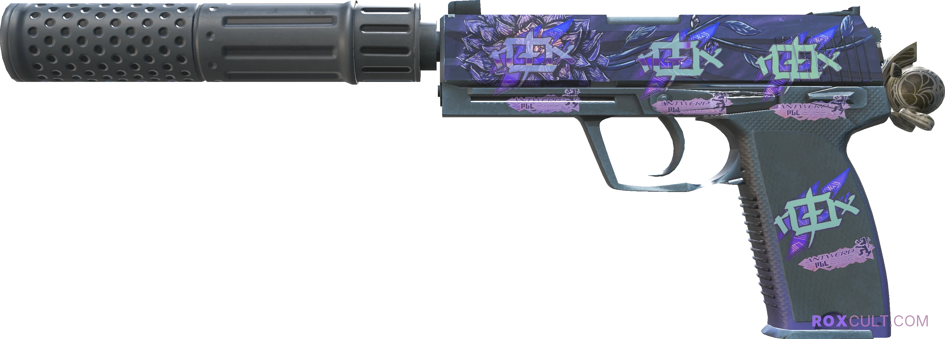 USP-S | Black Lotus (Minimal Wear) — rox (Holo) Antwerp 2022 craft, playside view with 4 rox (Holo) stickers