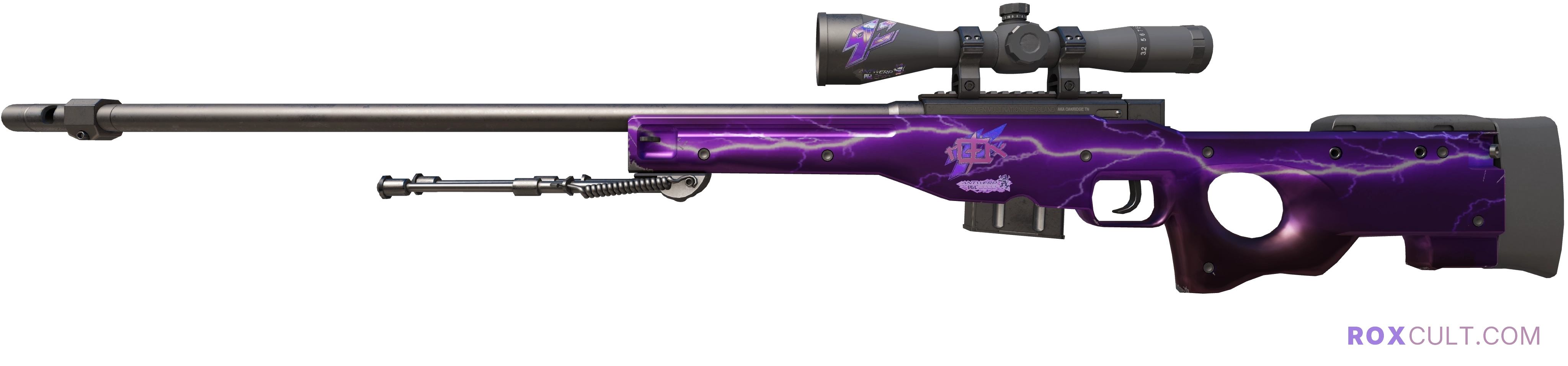 AWP | Lightning Strike (Factory New) — rox (Holo) Antwerp 2022 craft, playside view with 1 rox (Holo) sticker
