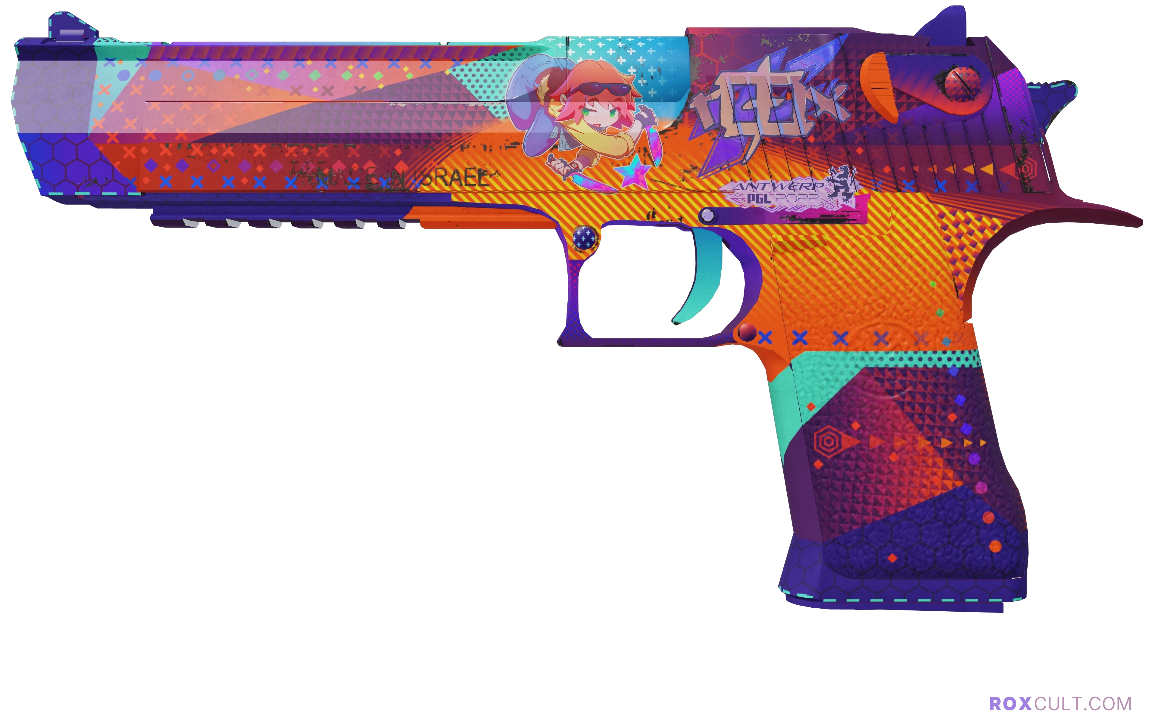 Desert Eagle | Ocean Drive (Field-Tested) — rox (Holo) Antwerp 2022 craft, playside view with 1 rox (Holo) sticker