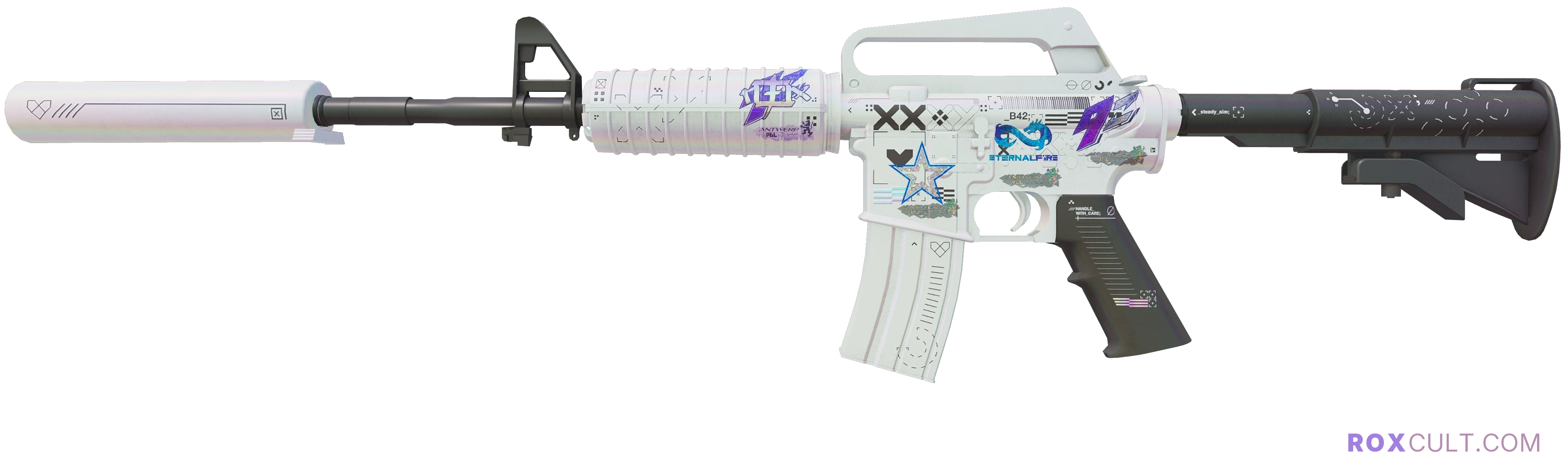 M4A1-S | Printstream (Factory New) — rox (Holo) Antwerp 2022 craft, playside view with 1 rox (Holo) sticker