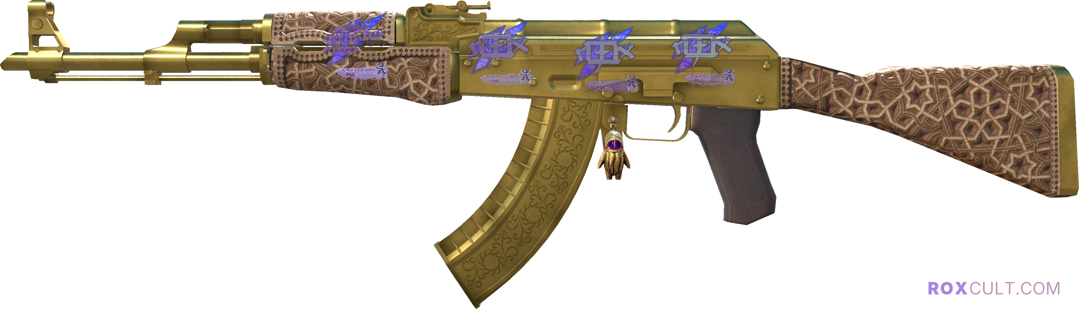 AK-47 | Gold Arabesque (Field-Tested) — rox (Holo) Antwerp 2022 craft, playside view with 4 rox (Holo) stickers