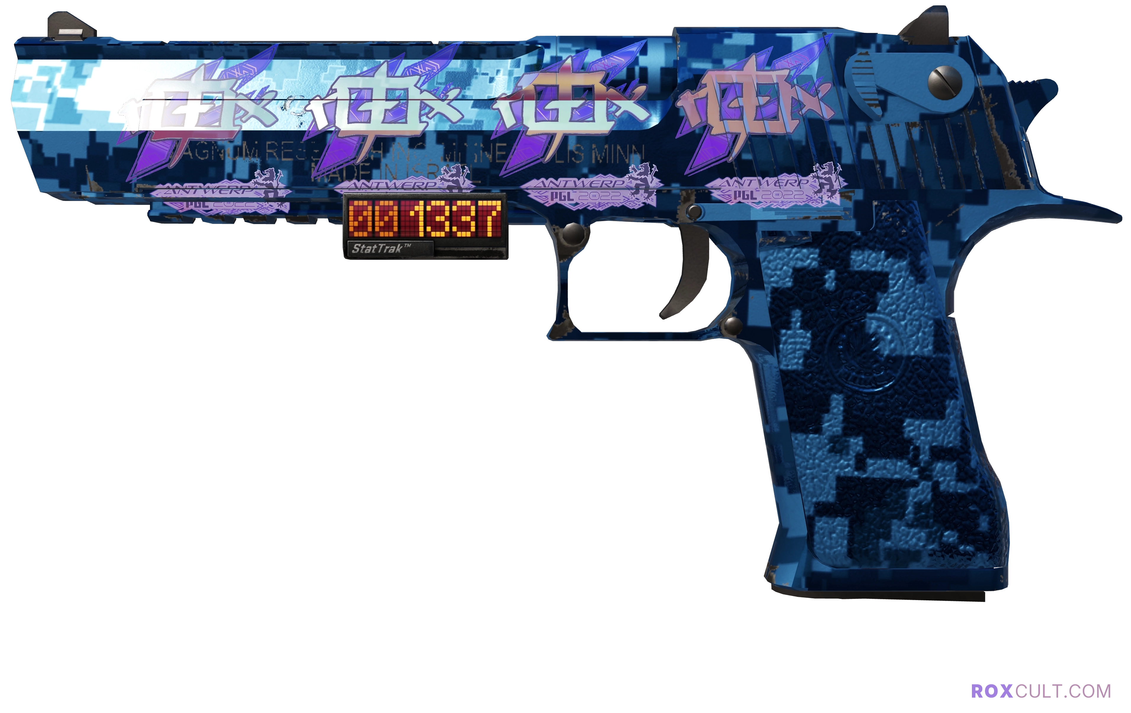 StatTrak™ Desert Eagle | Cobalt Disruption (Factory New) — rox (Holo) Antwerp 2022 craft, playside view with 4 rox (Holo) stickers
