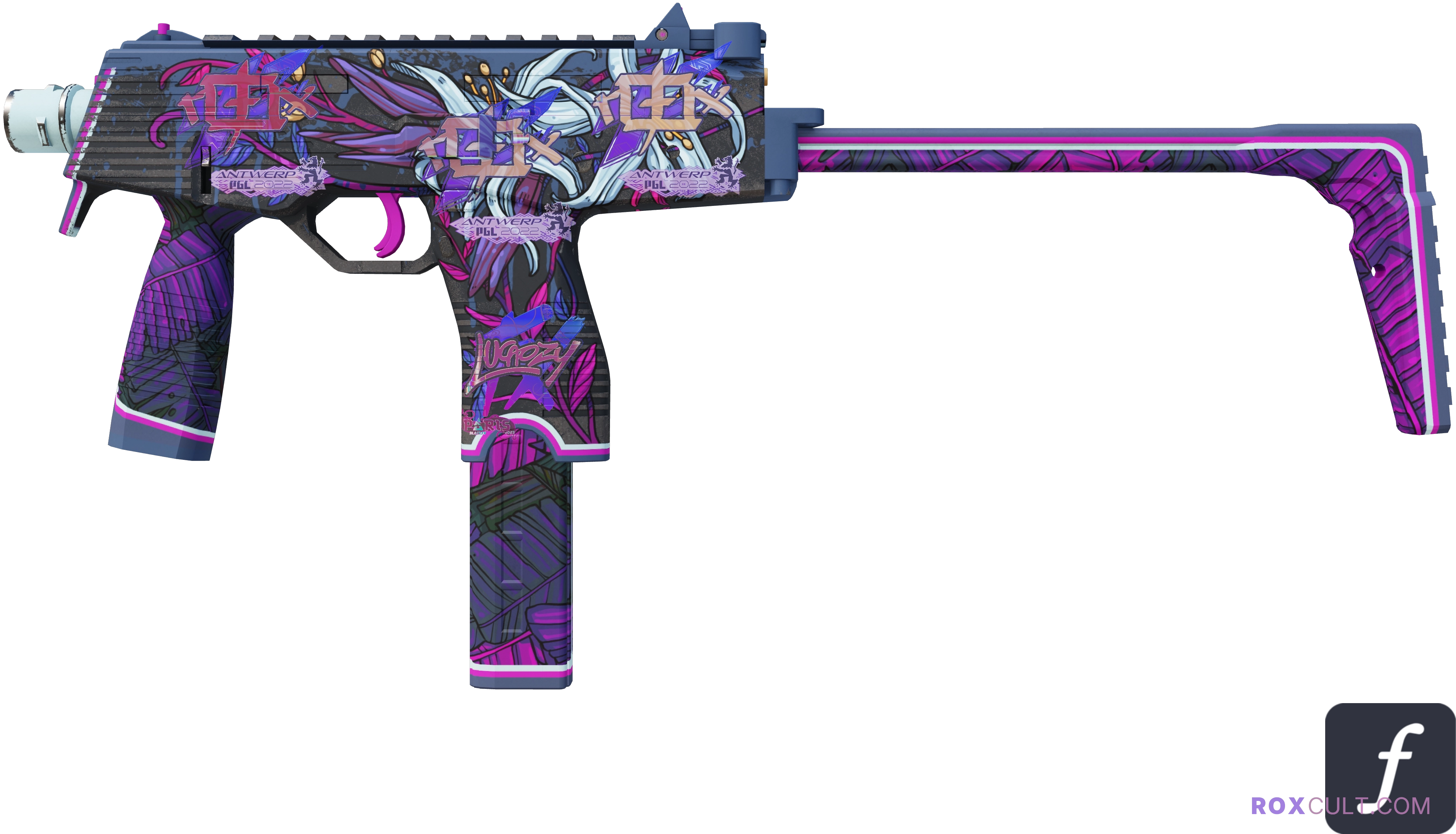 MP9 | Wild Lily (Factory New) — rox (Holo) Antwerp 2022 craft, playside view with 3 rox (Holo) stickers