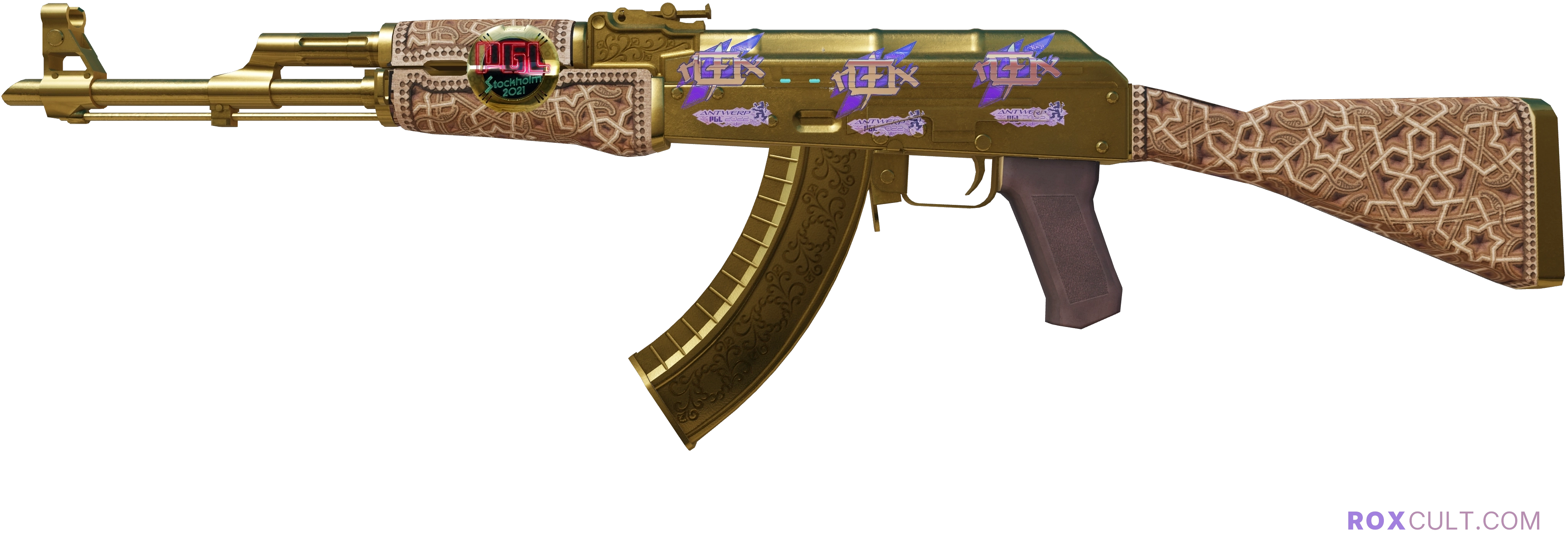 AK-47 | Gold Arabesque (Factory New) — rox (Holo) Antwerp 2022 craft, playside view with 3 rox (Holo) stickers