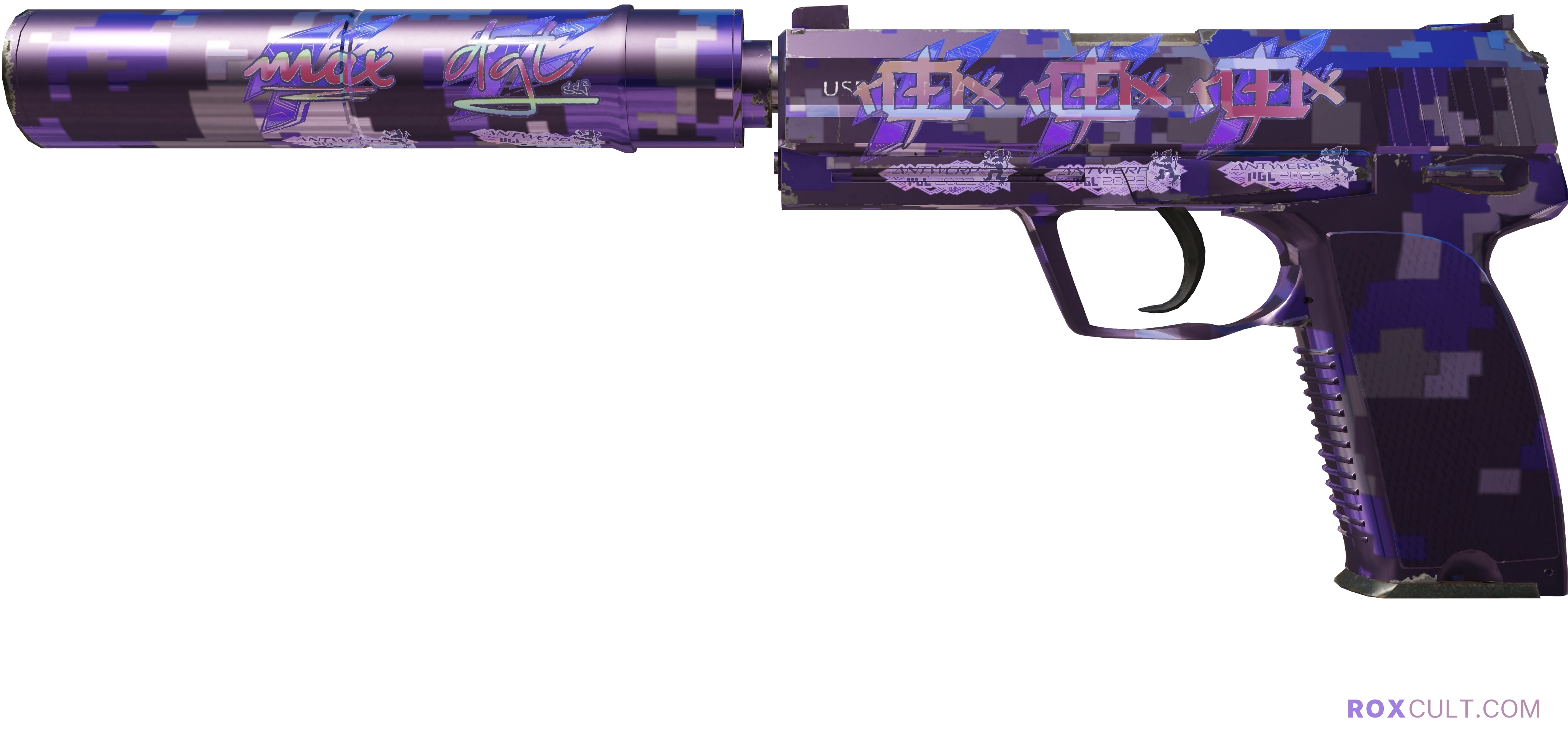 USP-S | Purple DDPAT (Factory New) — rox (Holo) Antwerp 2022 craft, playside view with 3 rox (Holo) stickers