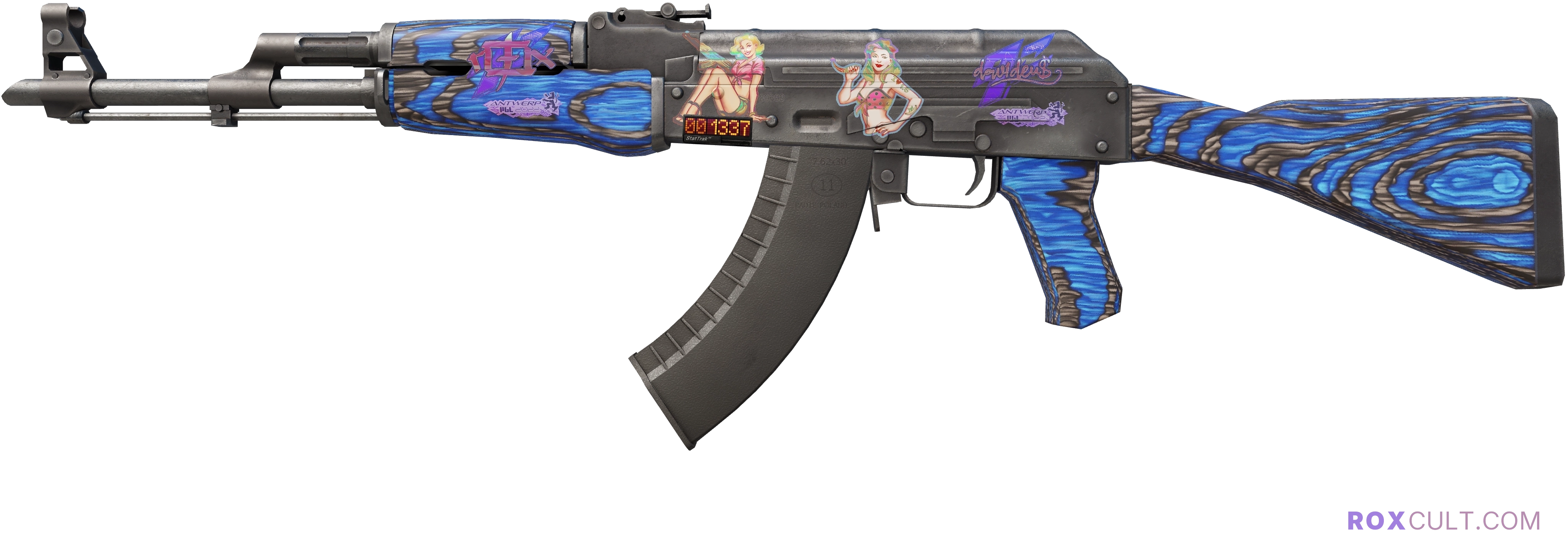 StatTrak™ AK-47 | Blue Laminate (Factory New) — rox (Holo) Antwerp 2022 craft, playside view with 1 rox (Holo) sticker