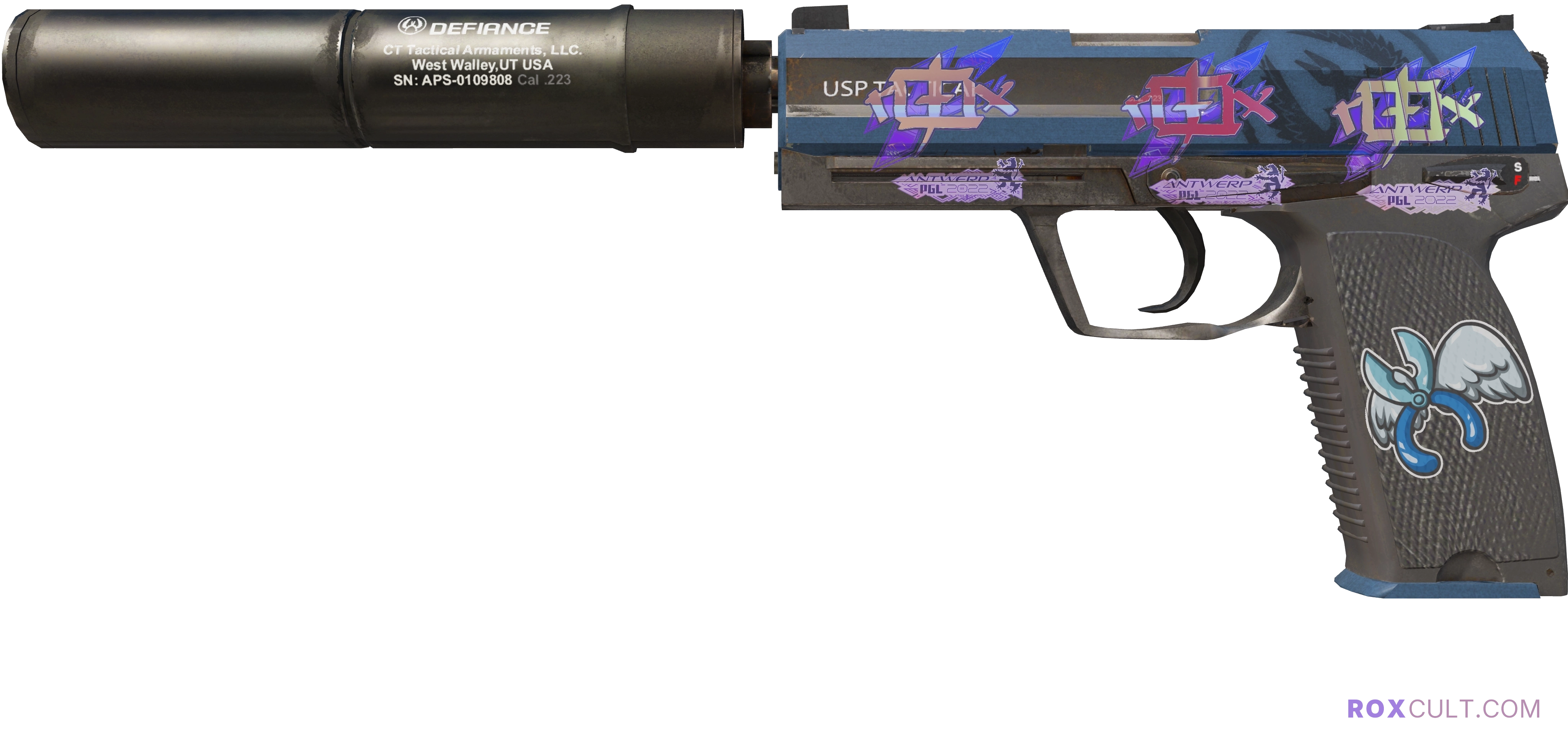 USP-S | Guardian (Factory New) — rox (Holo) Antwerp 2022 craft, playside view with 3 rox (Holo) stickers