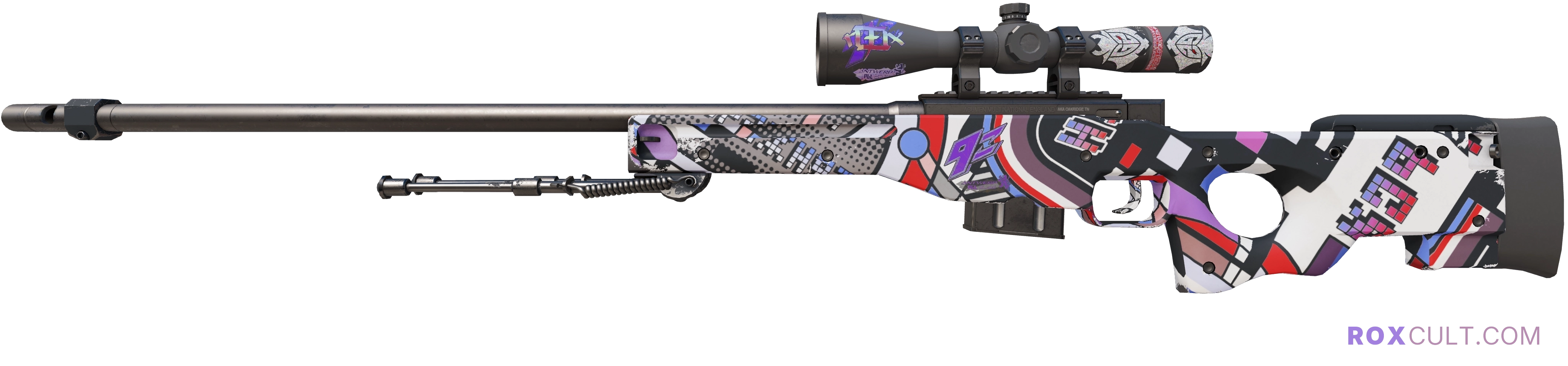 AWP | POP AWP (Factory New) — rox (Holo) Antwerp 2022 craft, playside view with 1 rox (Holo) sticker