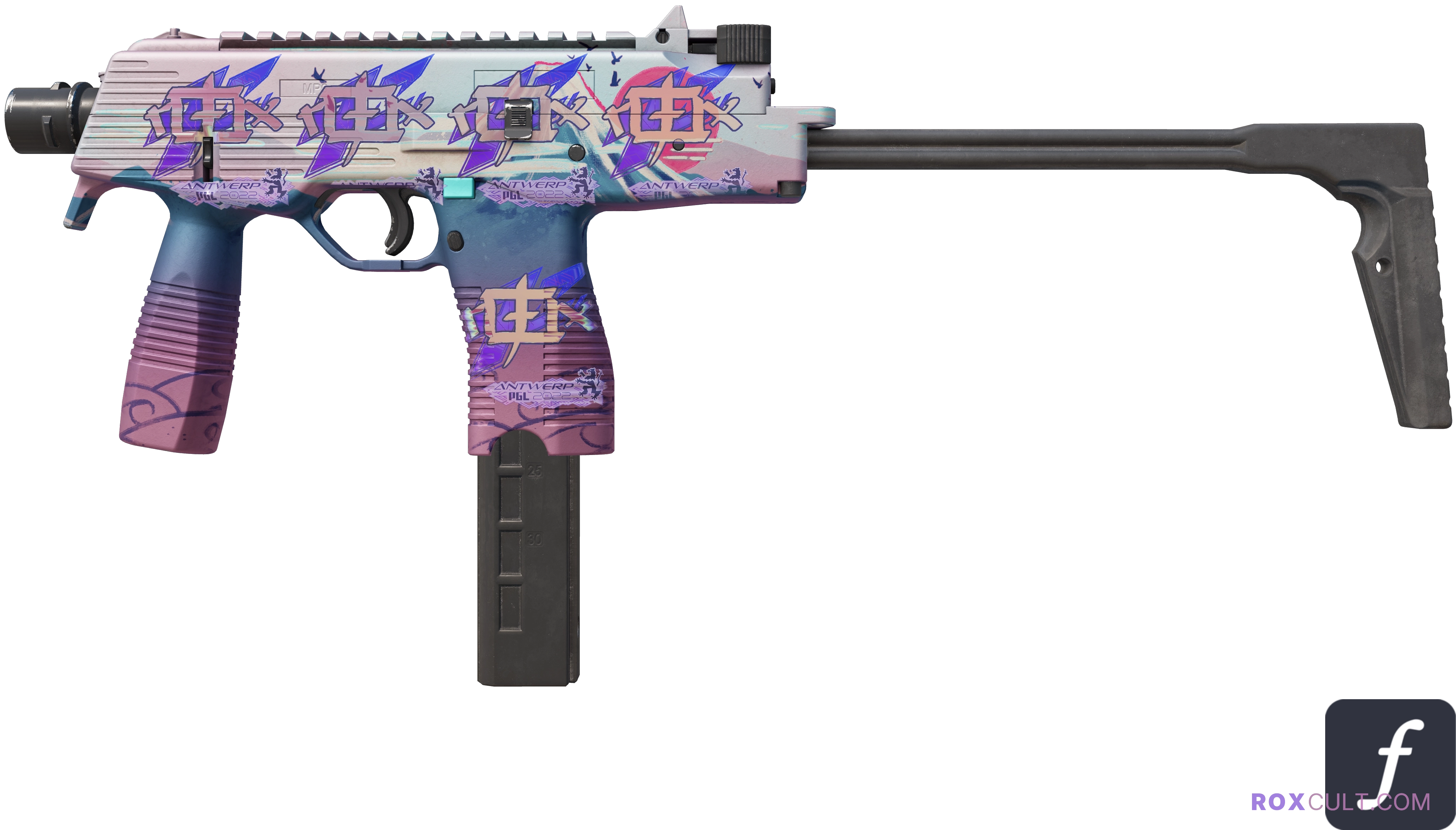 MP9 | Mount Fuji (Factory New) — rox (Holo) Antwerp 2022 craft, playside view with 5 rox (Holo) stickers