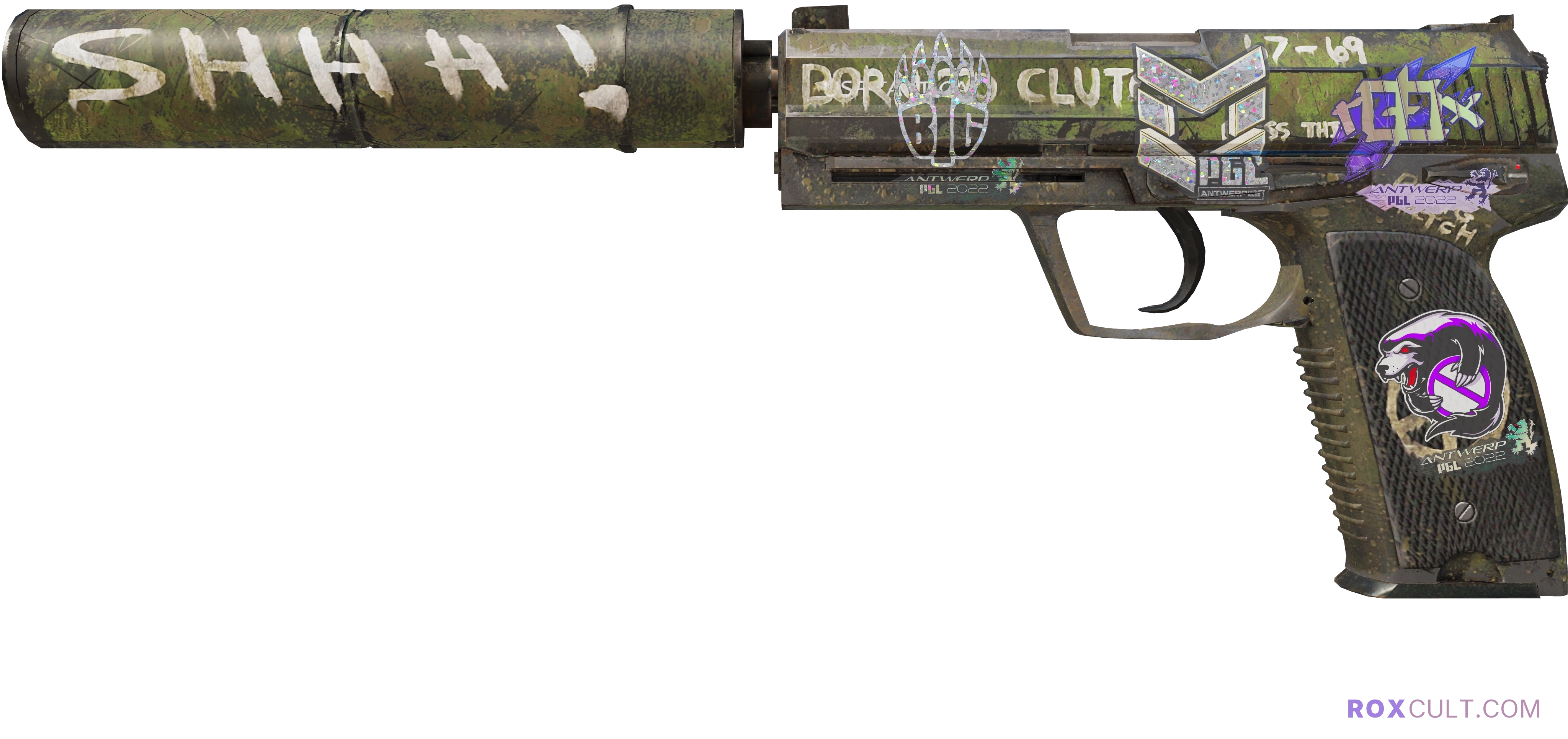 USP-S | Flashback (Field-Tested) — rox (Holo) Antwerp 2022 craft, playside view with 1 rox (Holo) sticker