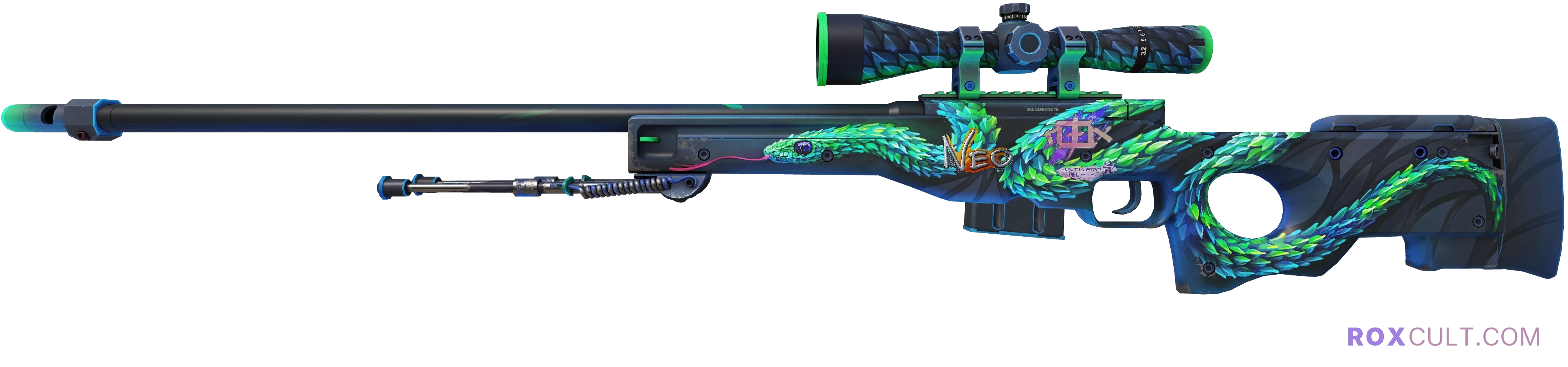 AWP | Atheris (Field-Tested) — rox (Holo) Antwerp 2022 craft, playside view with 1 rox (Holo) sticker
