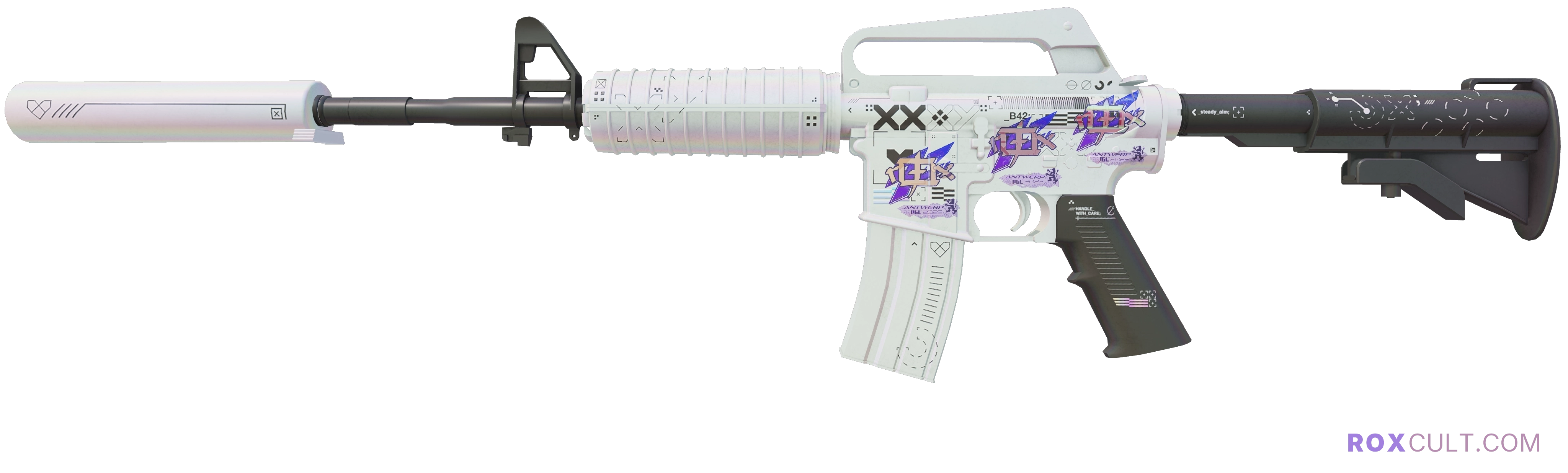 M4A1-S | Printstream (Factory New) — rox (Holo) Antwerp 2022 craft, playside view with 3 rox (Holo) stickers