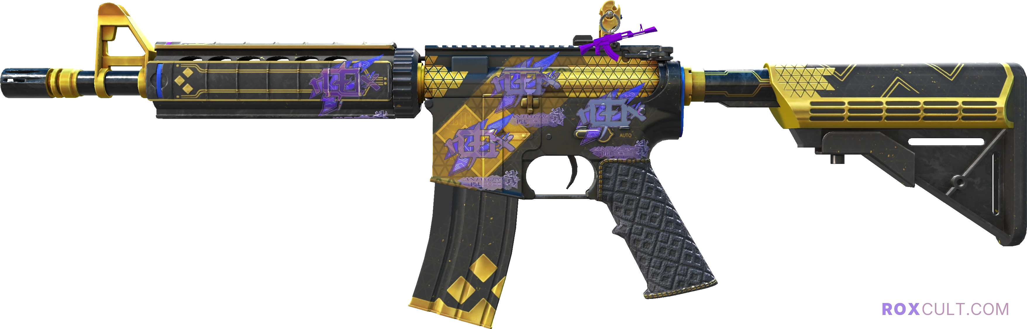 M4A4 | The Coalition (Factory New) — rox (Holo) Antwerp 2022 craft, playside view with 4 rox (Holo) stickers
