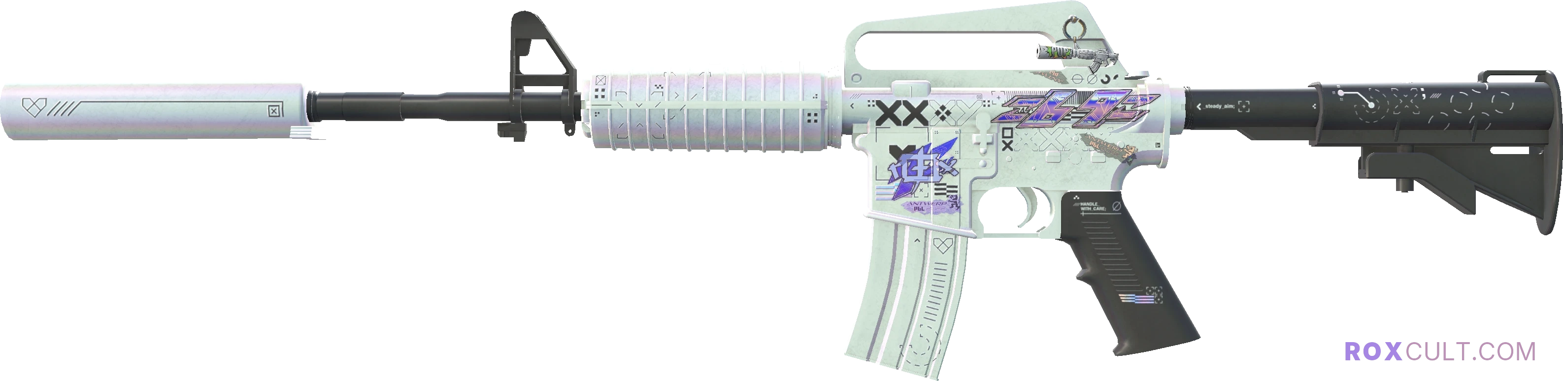 M4A1-S | Printstream (Minimal Wear) — rox (Holo) Antwerp 2022 craft, playside view with 1 rox (Holo) sticker