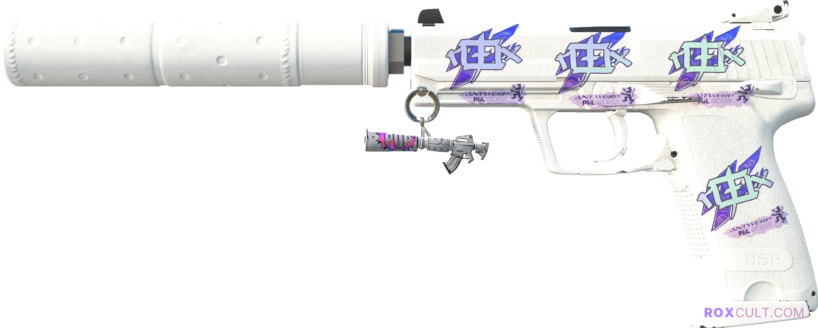 USP-S | Whiteout (Minimal Wear) — rox (Holo) Antwerp 2022 craft, playside view with 4 rox (Holo) stickers