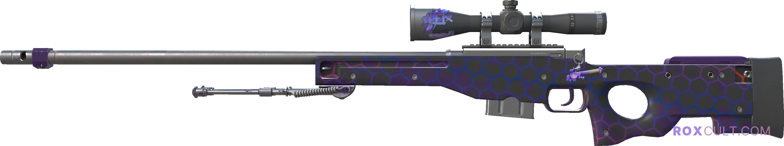 AWP | Electric Hive (Factory New) — rox (Holo) Antwerp 2022 craft, playside view with 1 rox (Holo) sticker